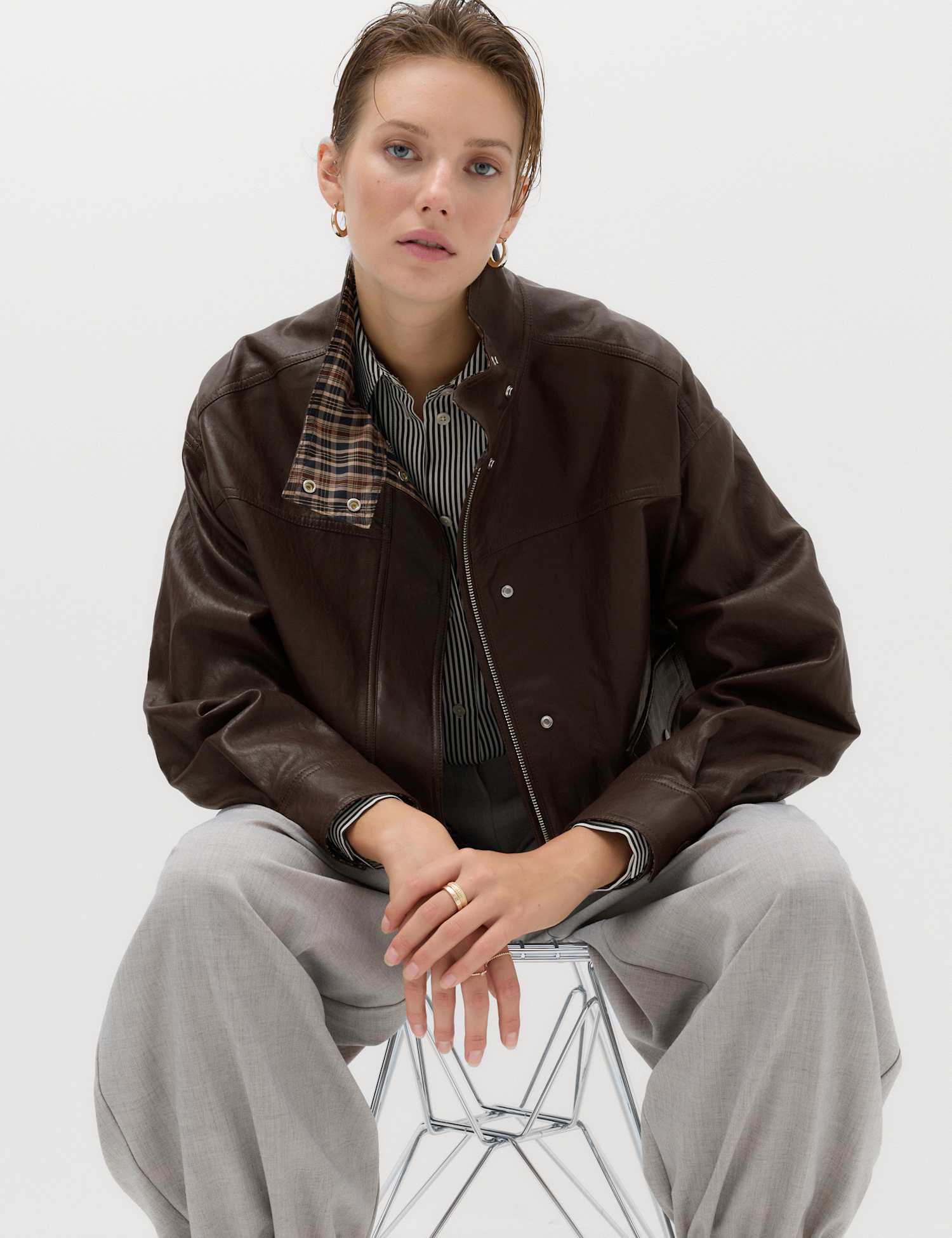 M&S Faux Leather Checked Funnel Neck Bomber Jacket – 10 – Chocolate, Chocolate