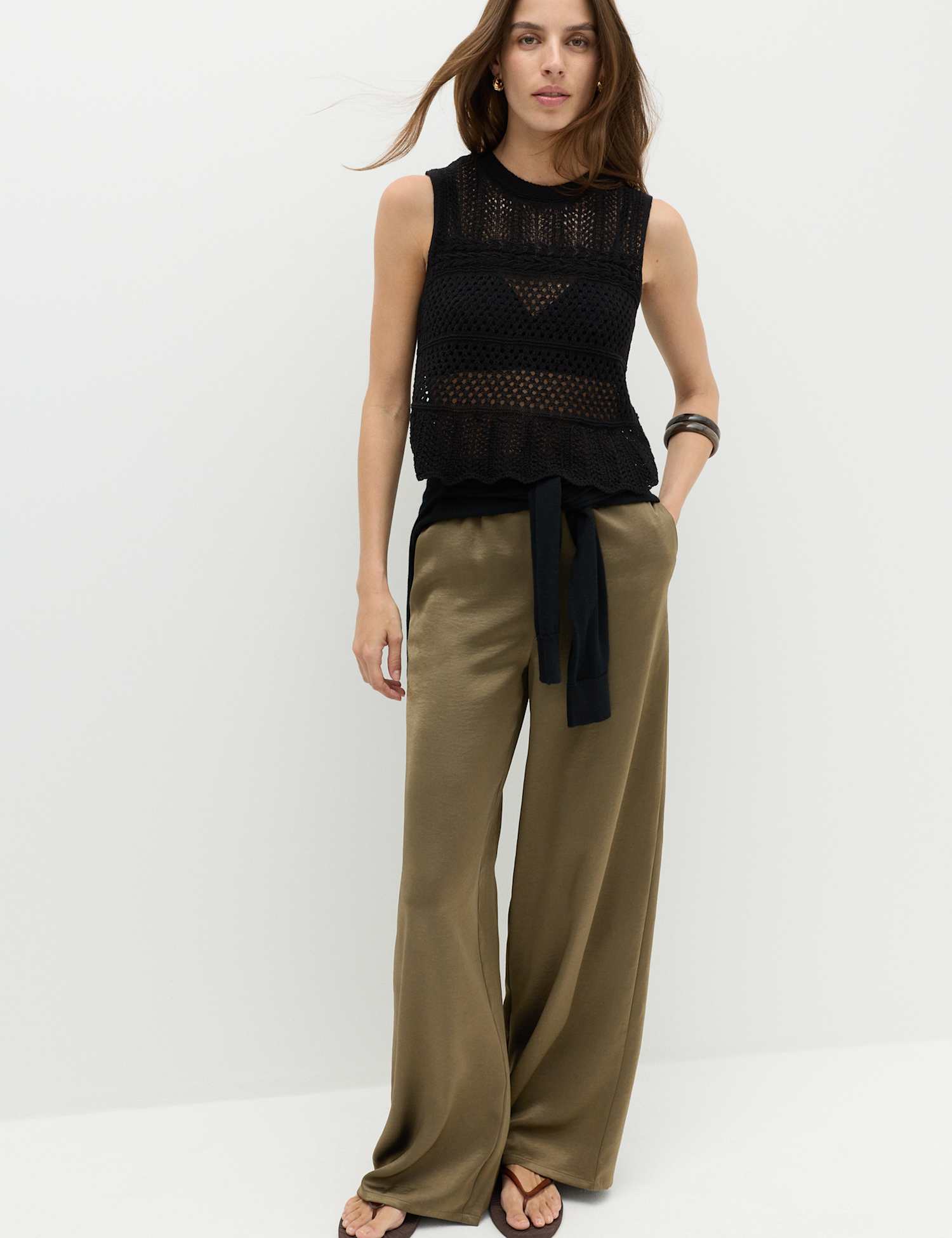 M&S Satin Drawstring Wide Leg Trousers – 10 – Bitter Chocolate, Bitter Chocolate