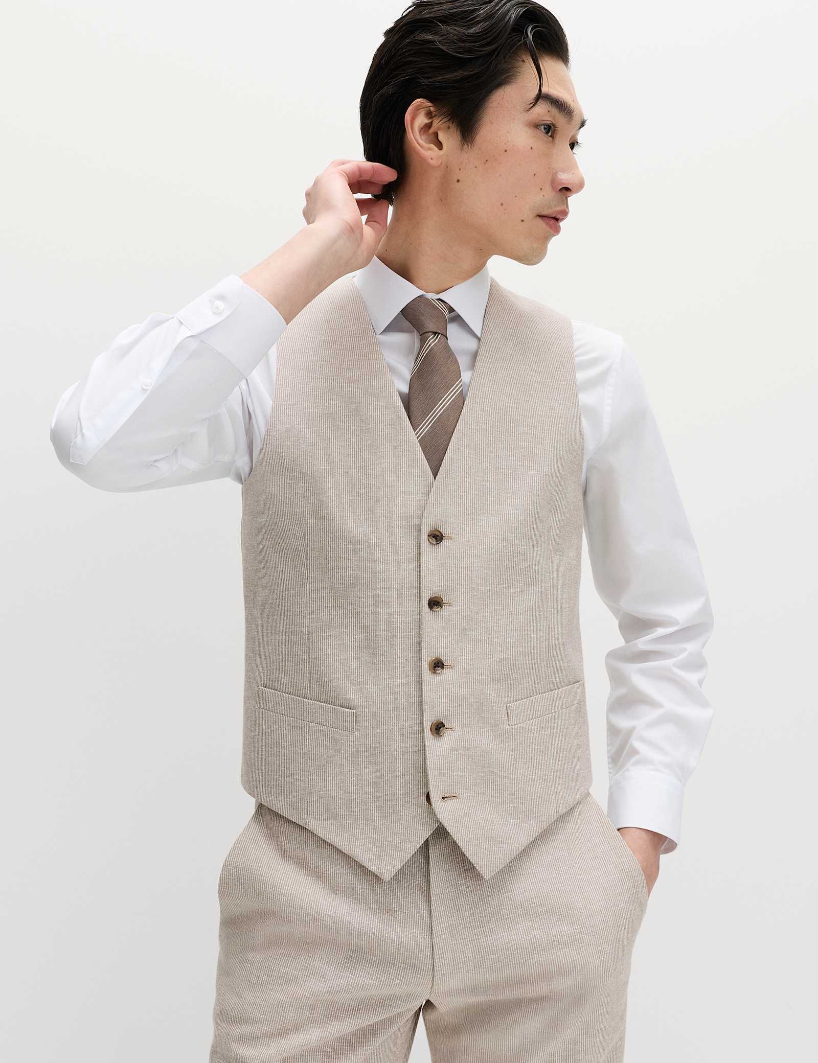 3 Piece Tailored Fit Cotton Linen Striped Suit - image 3