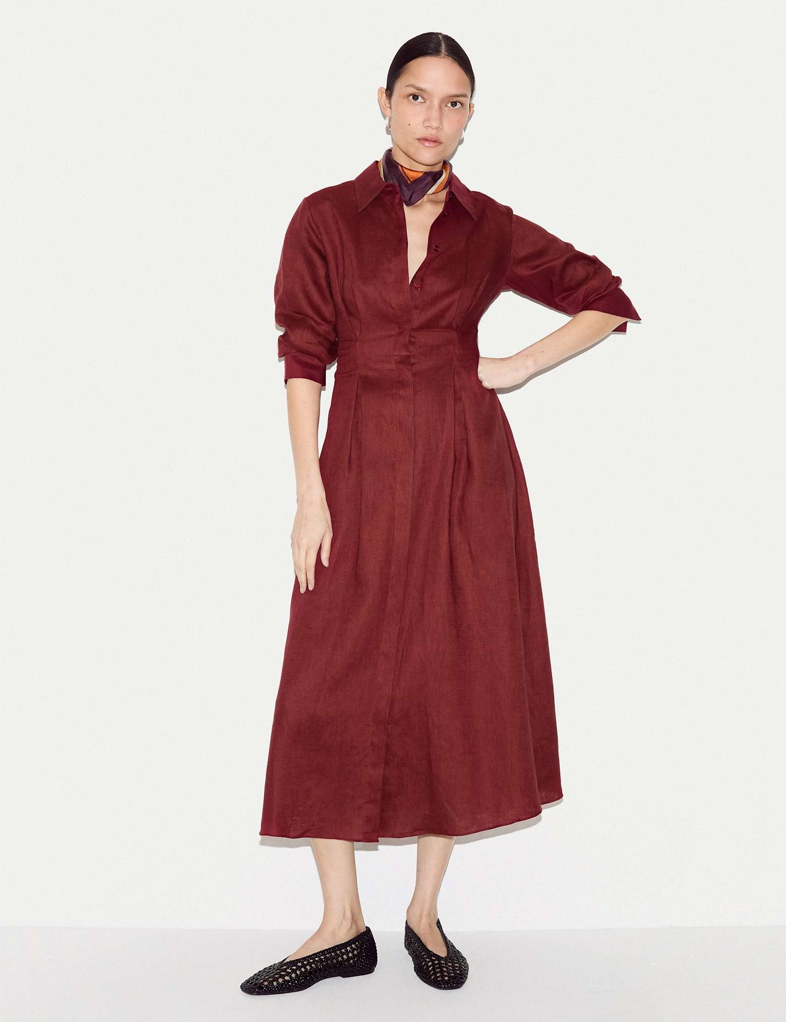 Pure Linen Pleat Front Midi Shirt Dress - image 1