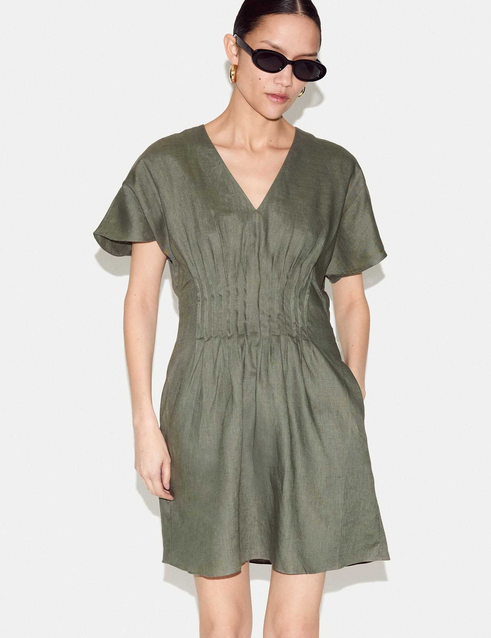 Pure Linen V-Neck Pintuck Mini Waisted Dress - image 2