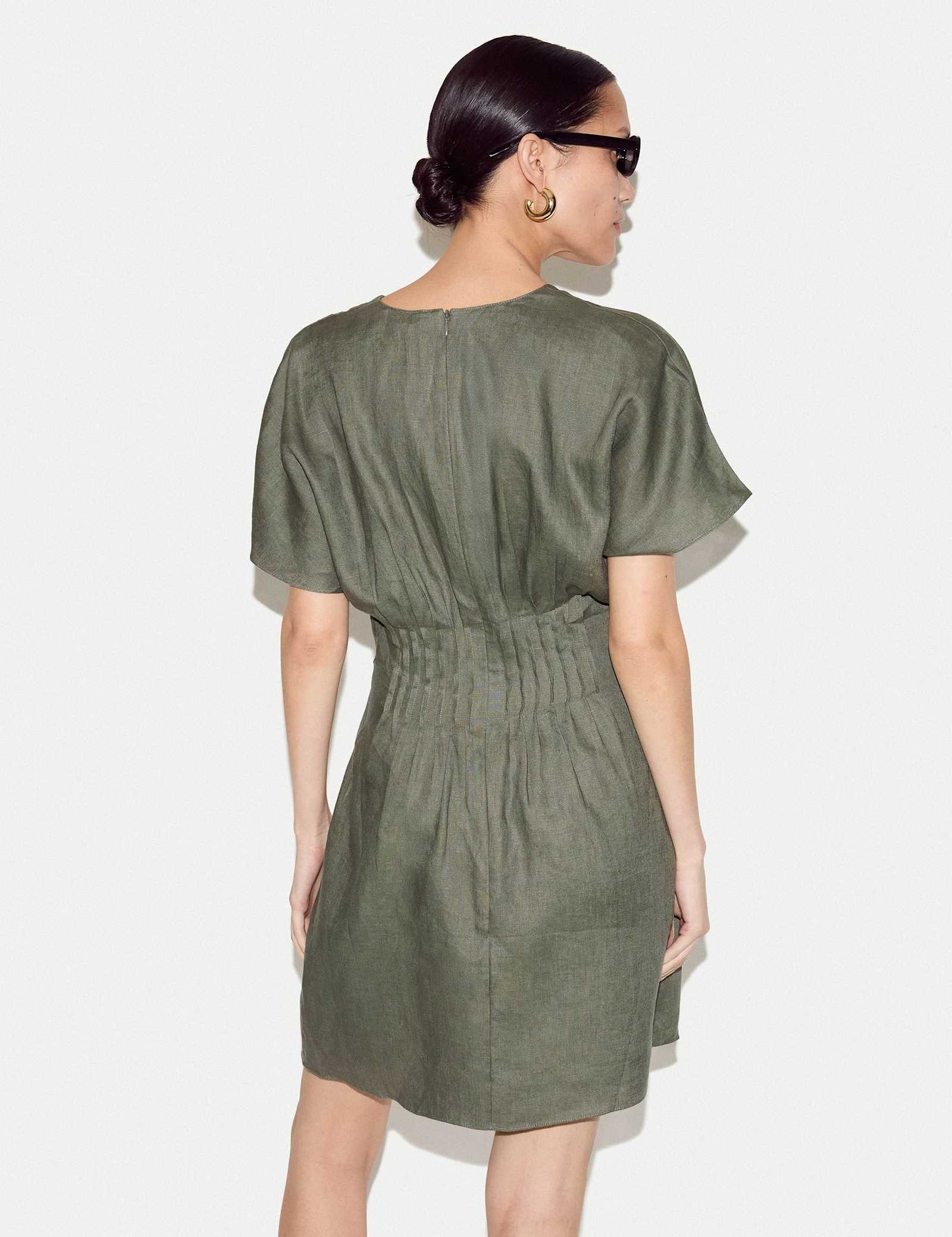 Pure Linen V-Neck Pintuck Mini Waisted Dress - image 3