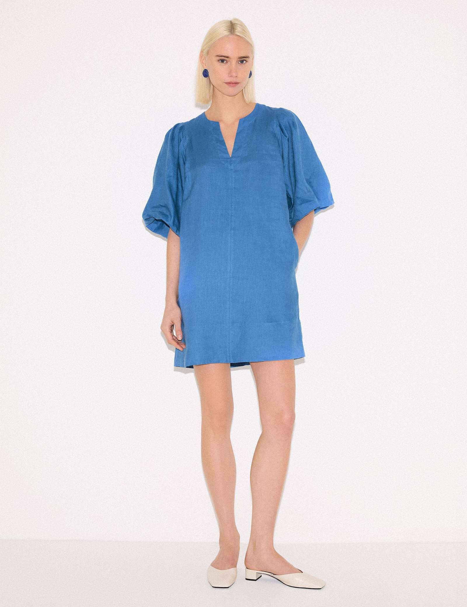 Pure Linen Puff Sleeve Mini Shift Dress - image 2