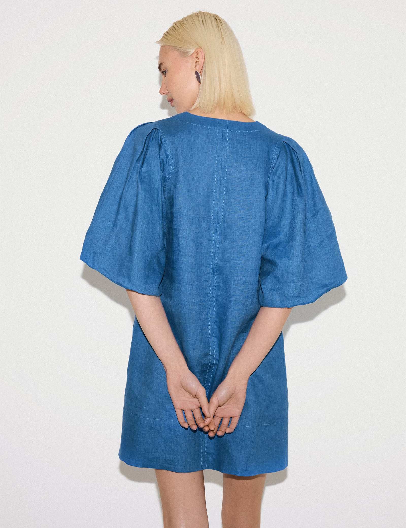 Pure Linen Puff Sleeve Mini Shift Dress - image 4