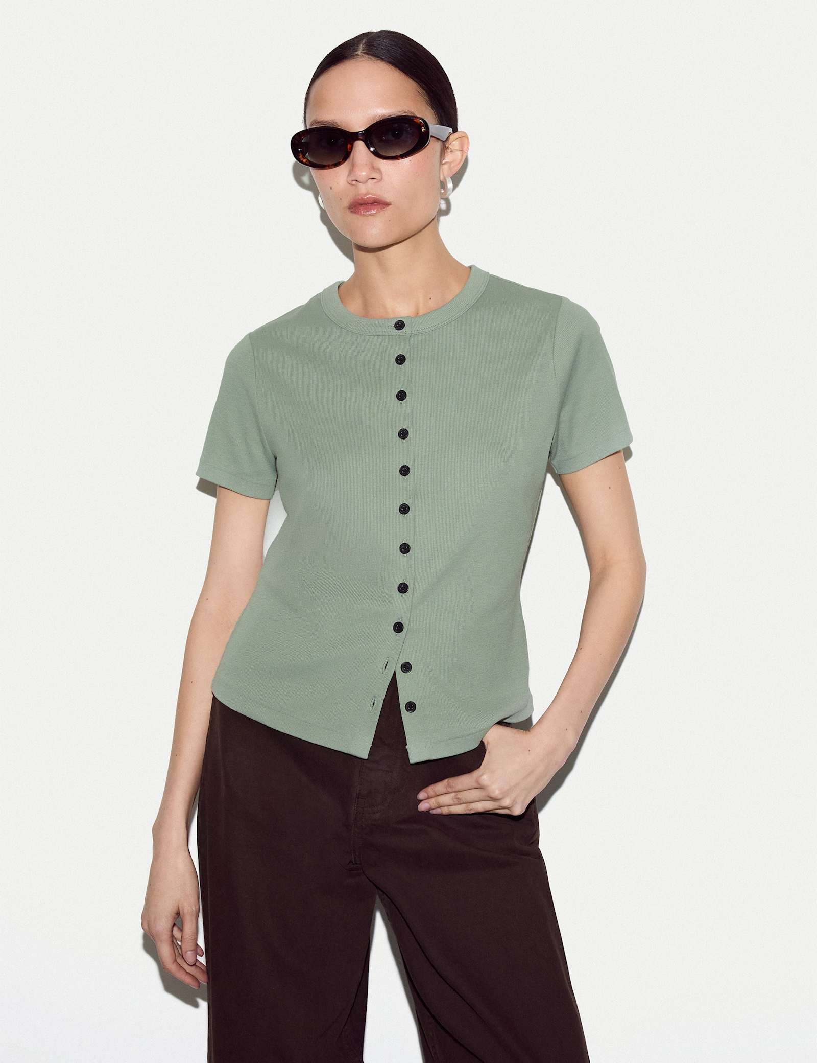 Cotton Rich Ribbed Button Through T-Shirt - image 2