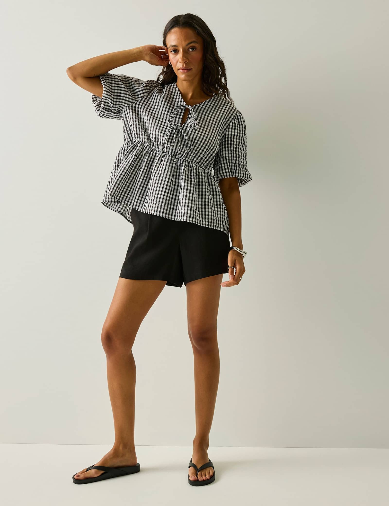 Amor Checked V-Neck Puff Sleeve Peplum Top - image 3
