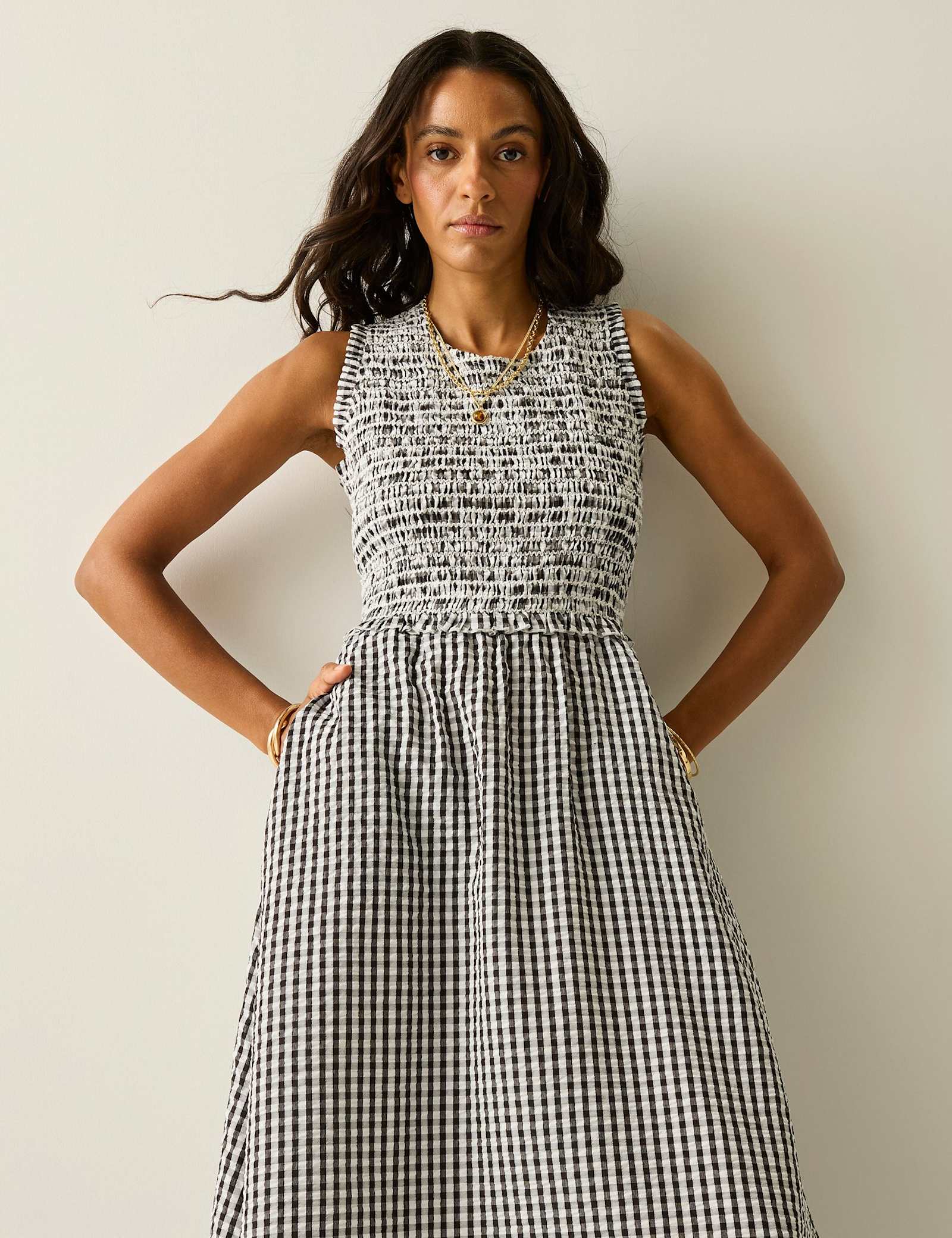 Poloma Gingham Midi Shirred Dress - image 5