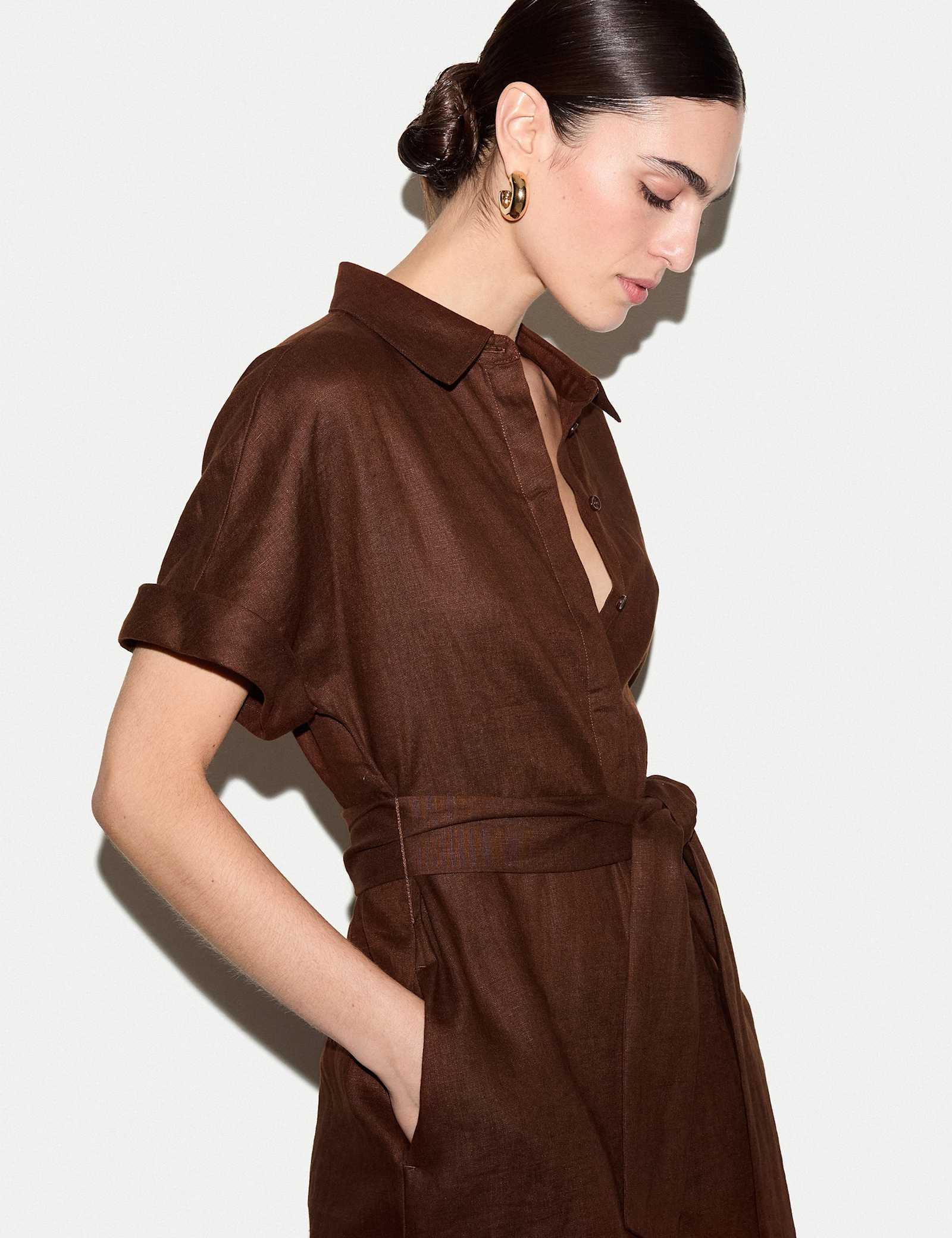 Pure Linen Collared Belted Midi Shirt Dress - image 5