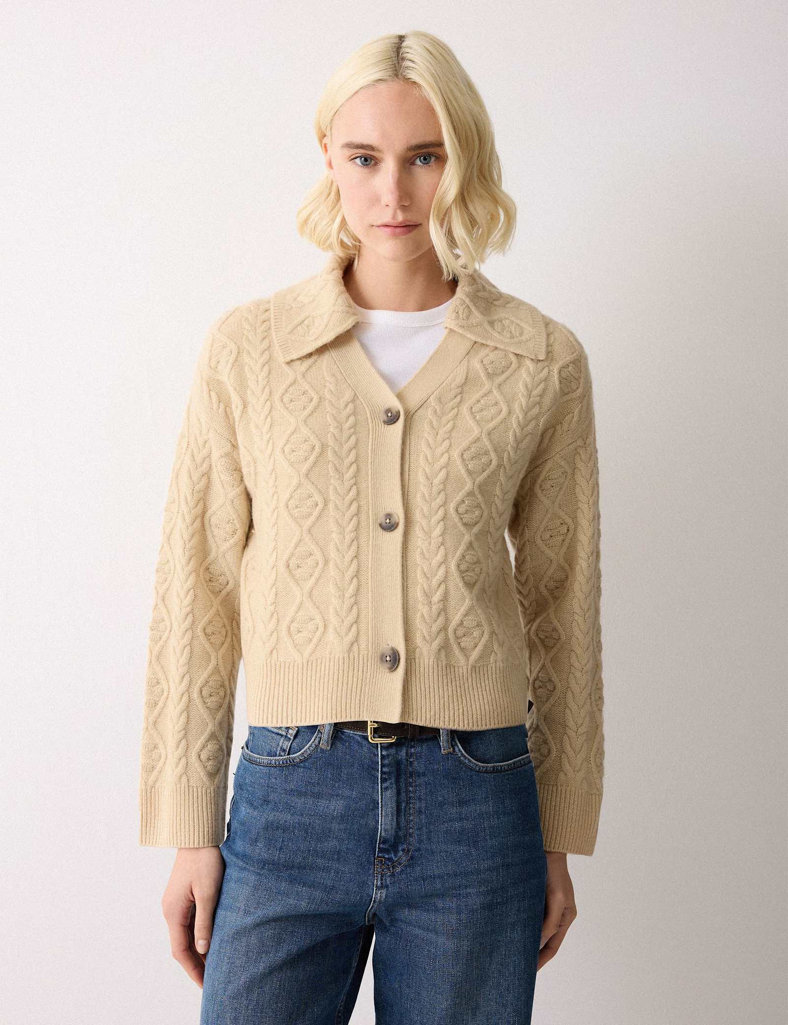 Wool Rich Cable Knit Collared V-Neck Cardigan - image 2