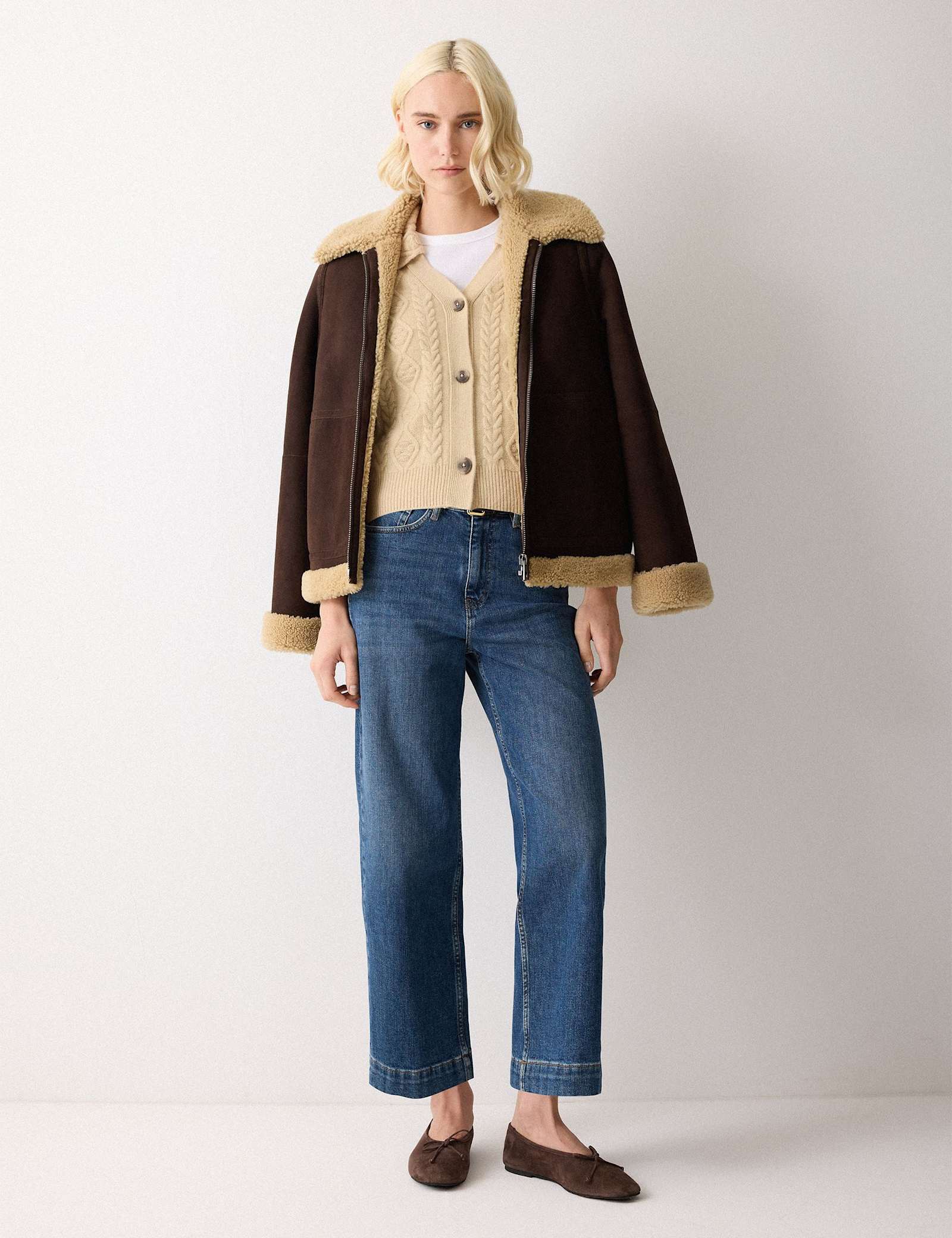 Wool Rich Cable Knit Collared V-Neck Cardigan - image 5