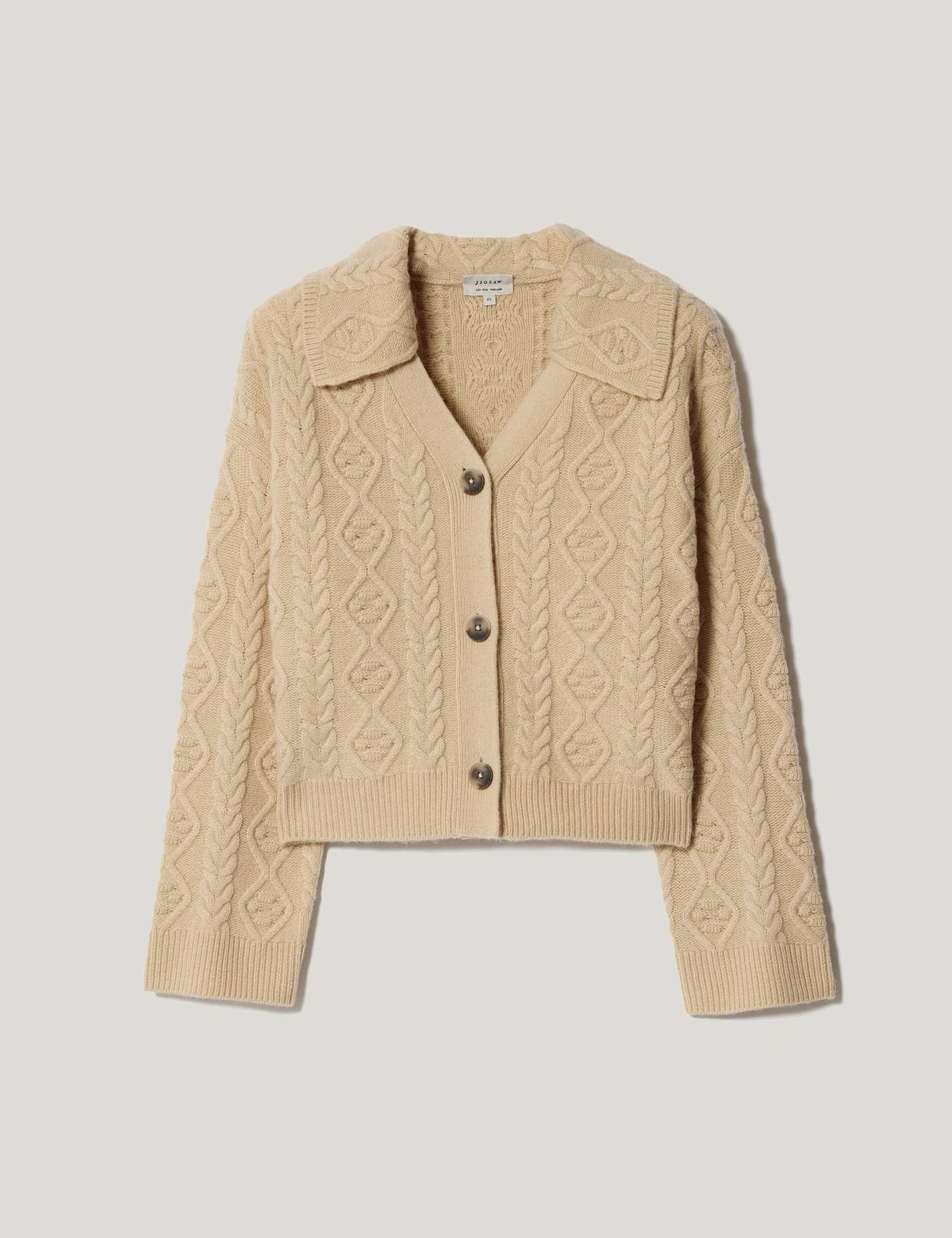 Wool Rich Cable Knit Collared V-Neck Cardigan - image 1