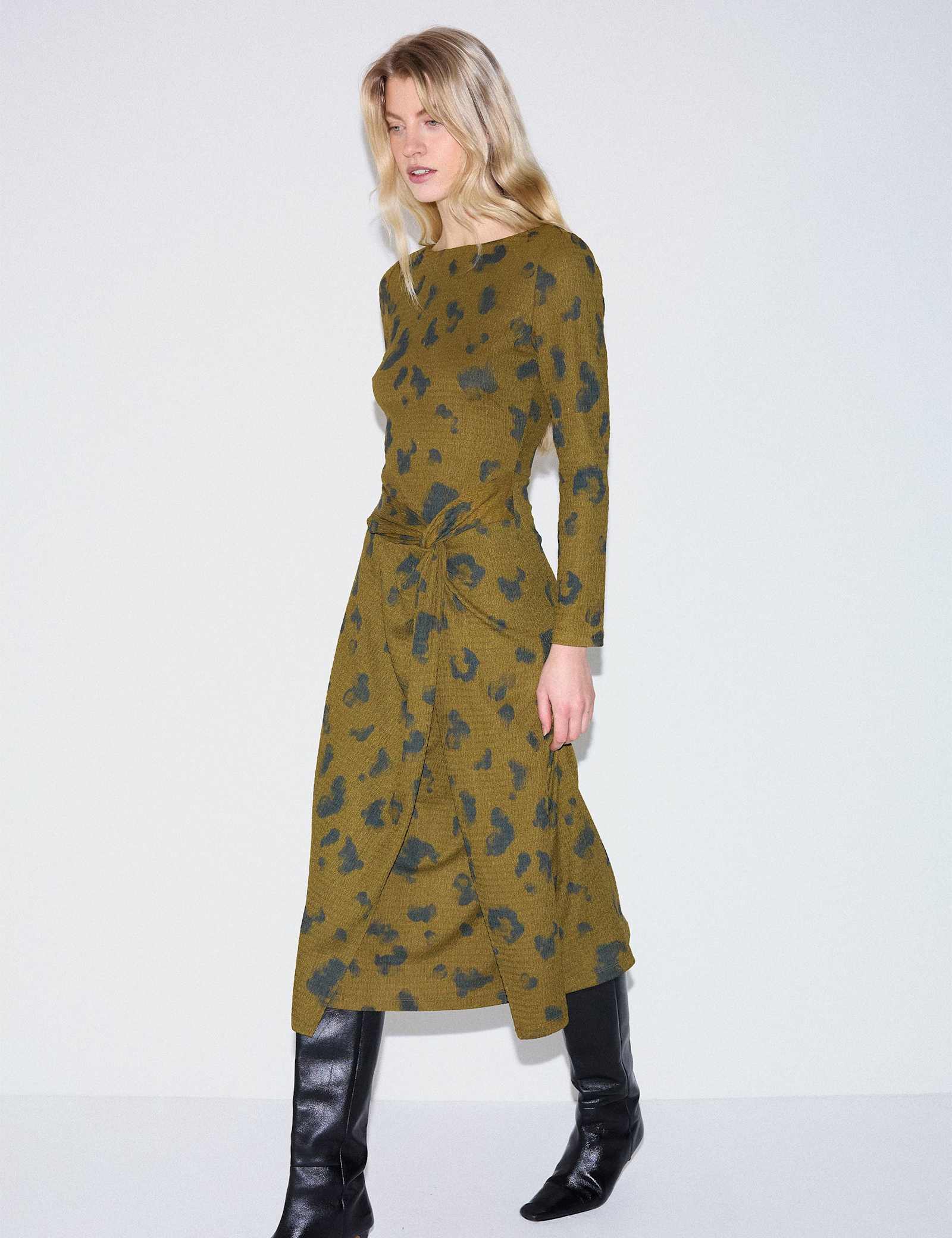 Wool Blend Printed Midi Wrap Dress - image 1