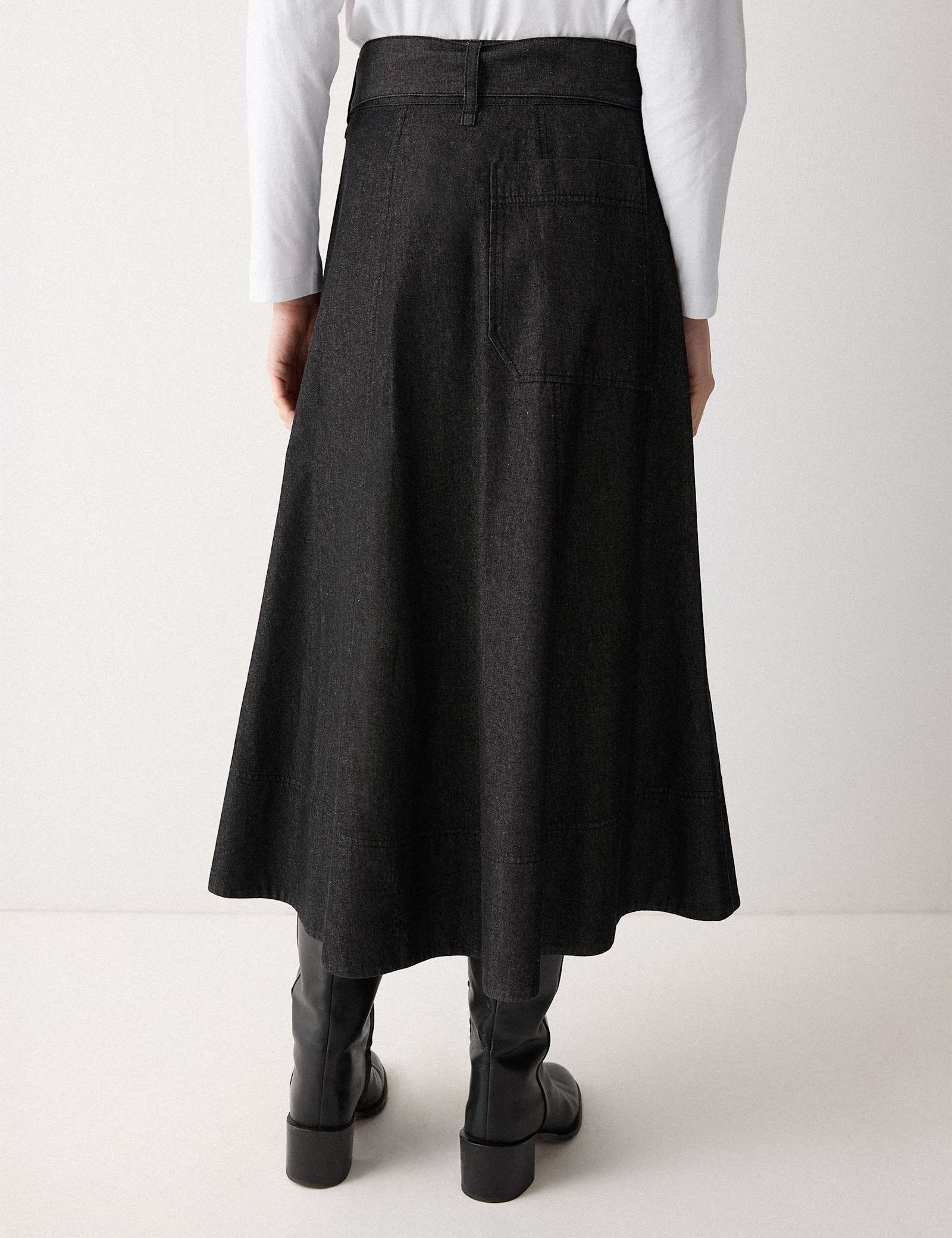 Denim Tie Belt Midi A-Line Skirt - image 3