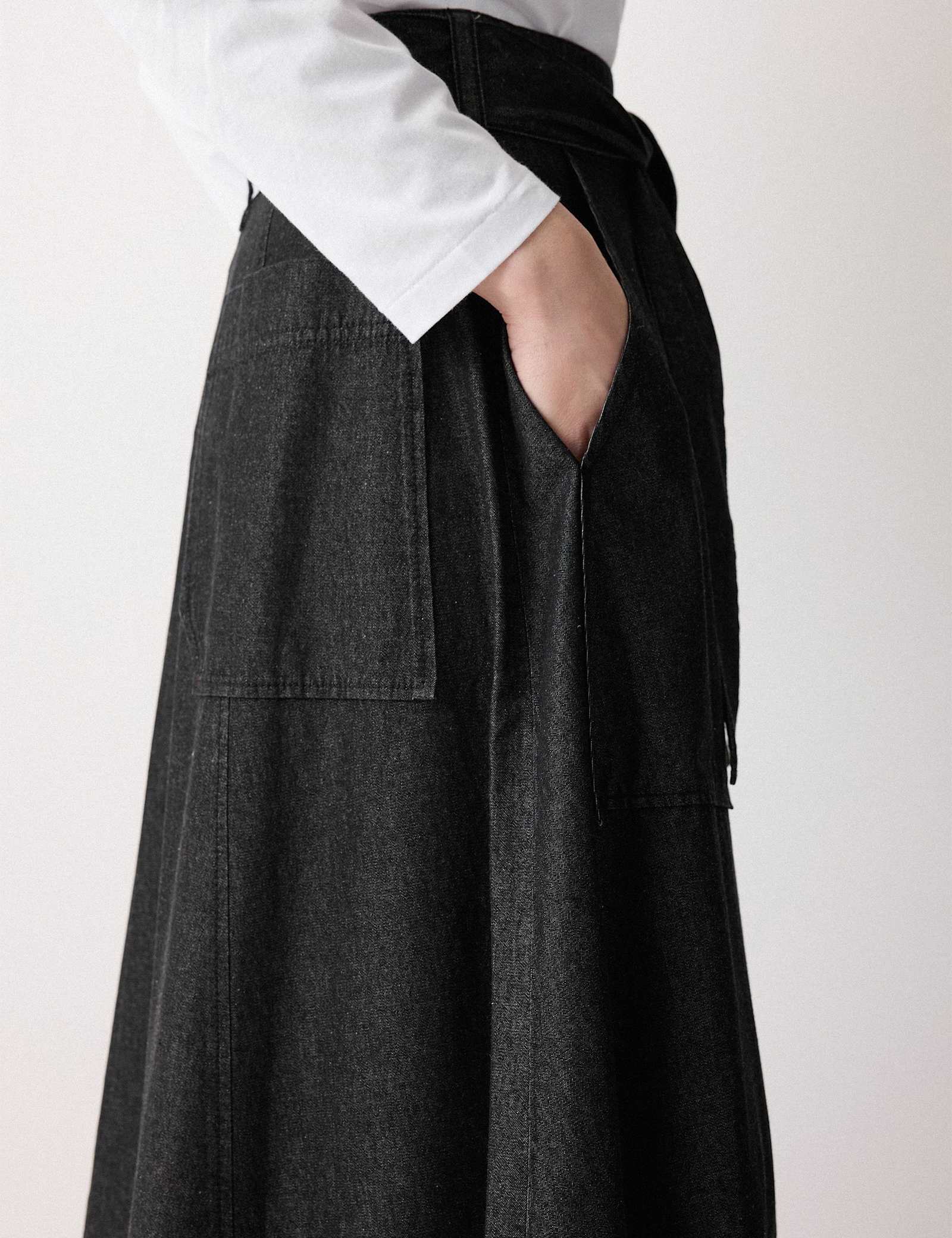 Denim Tie Belt Midi A-Line Skirt - image 2