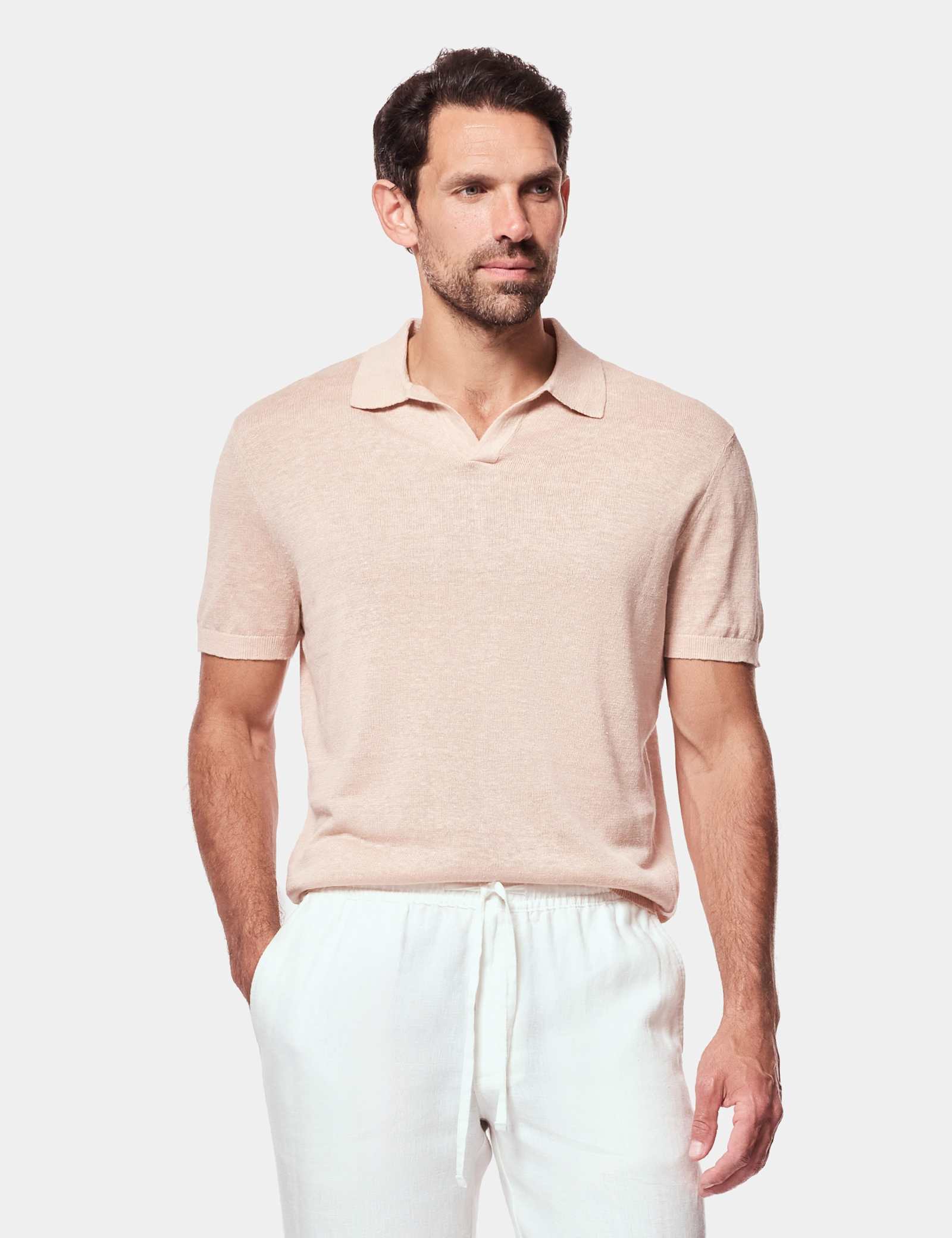 Sim Fit Pure Linen Open Collar Polo Shirt - image 2