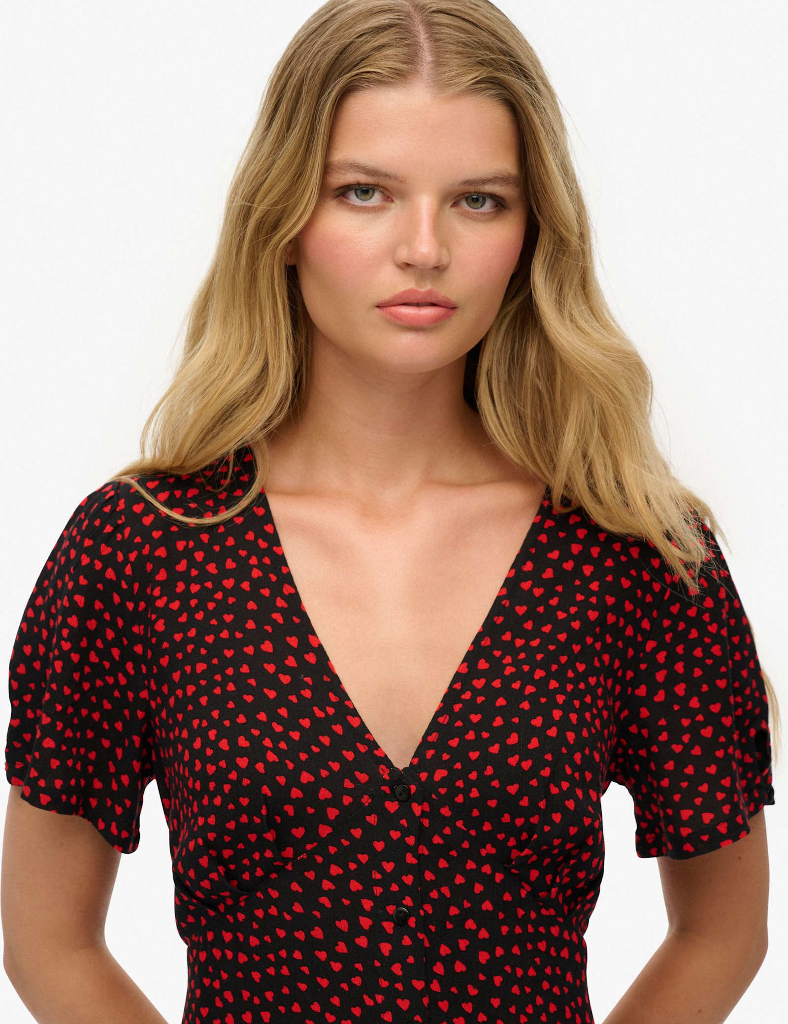 Heart Print V-Neck Midi Tea Dress - image 5