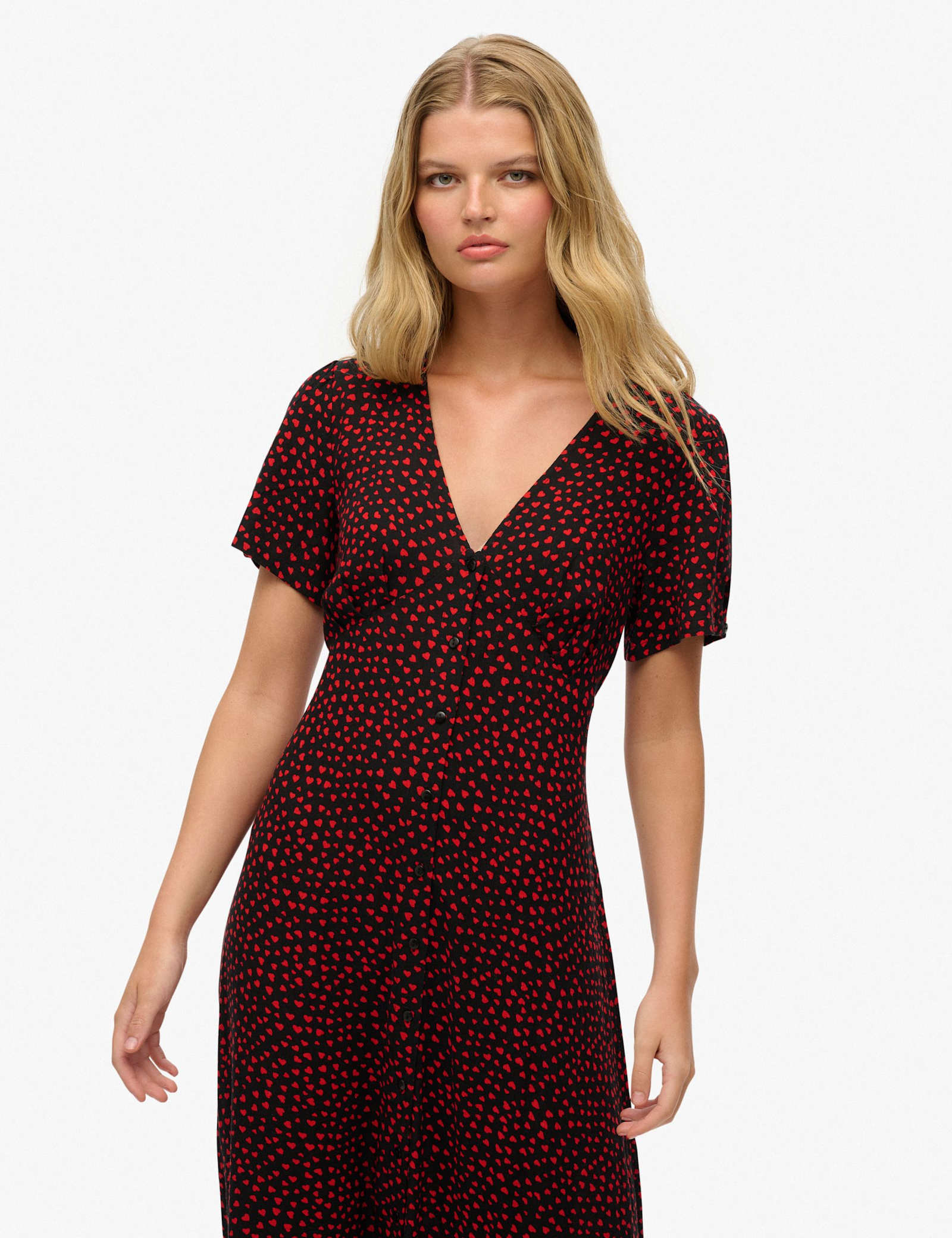 Heart Print V-Neck Midi Tea Dress - image 3