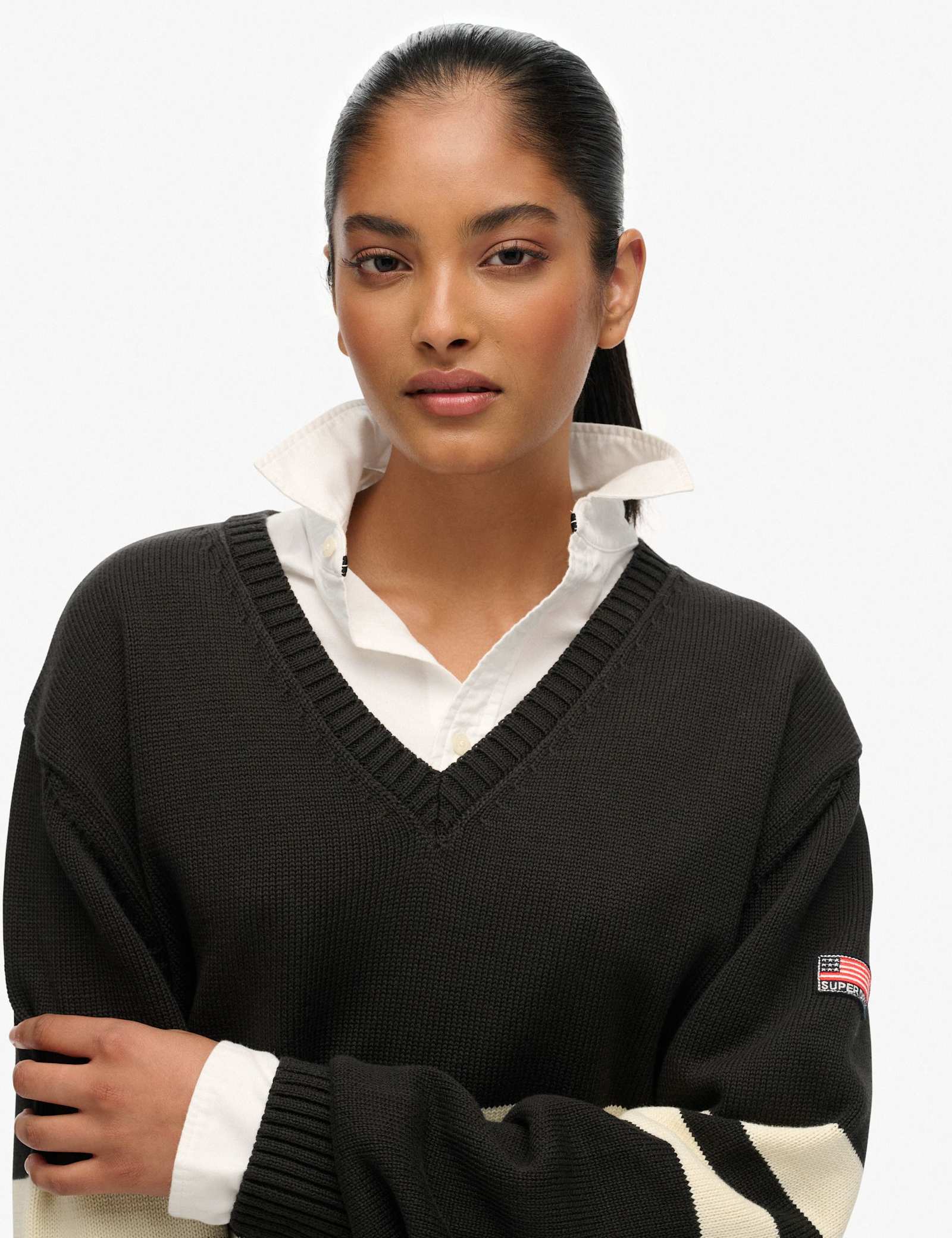 Pure Cotton Oversized Striped V-Neck Jumper - image 4