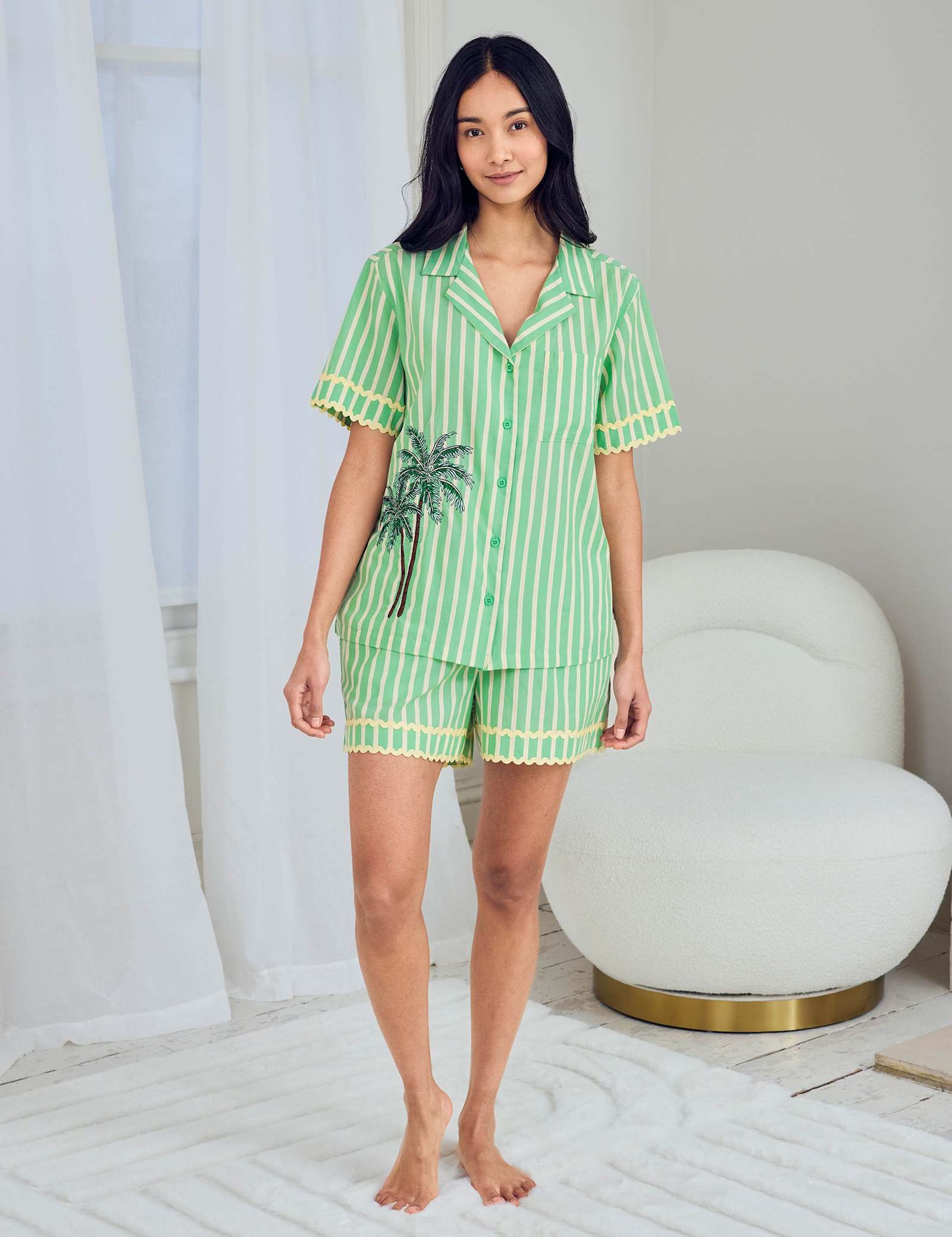 Cotton Rich Embroidered Tropical Palm Stripe Short Pyjama Set - image 1