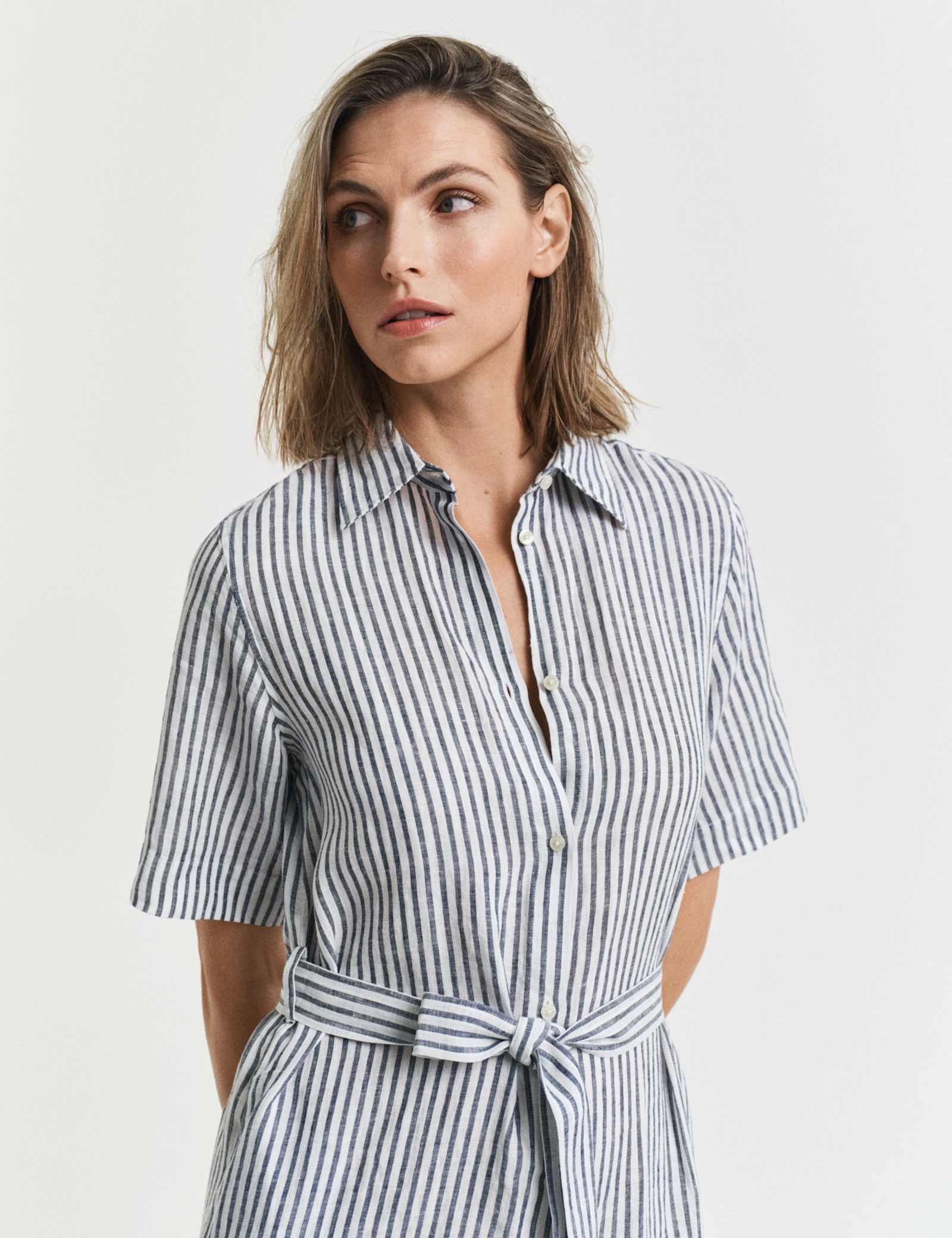 Pure Linen Striped Knee Length Shirt Dress - image 4