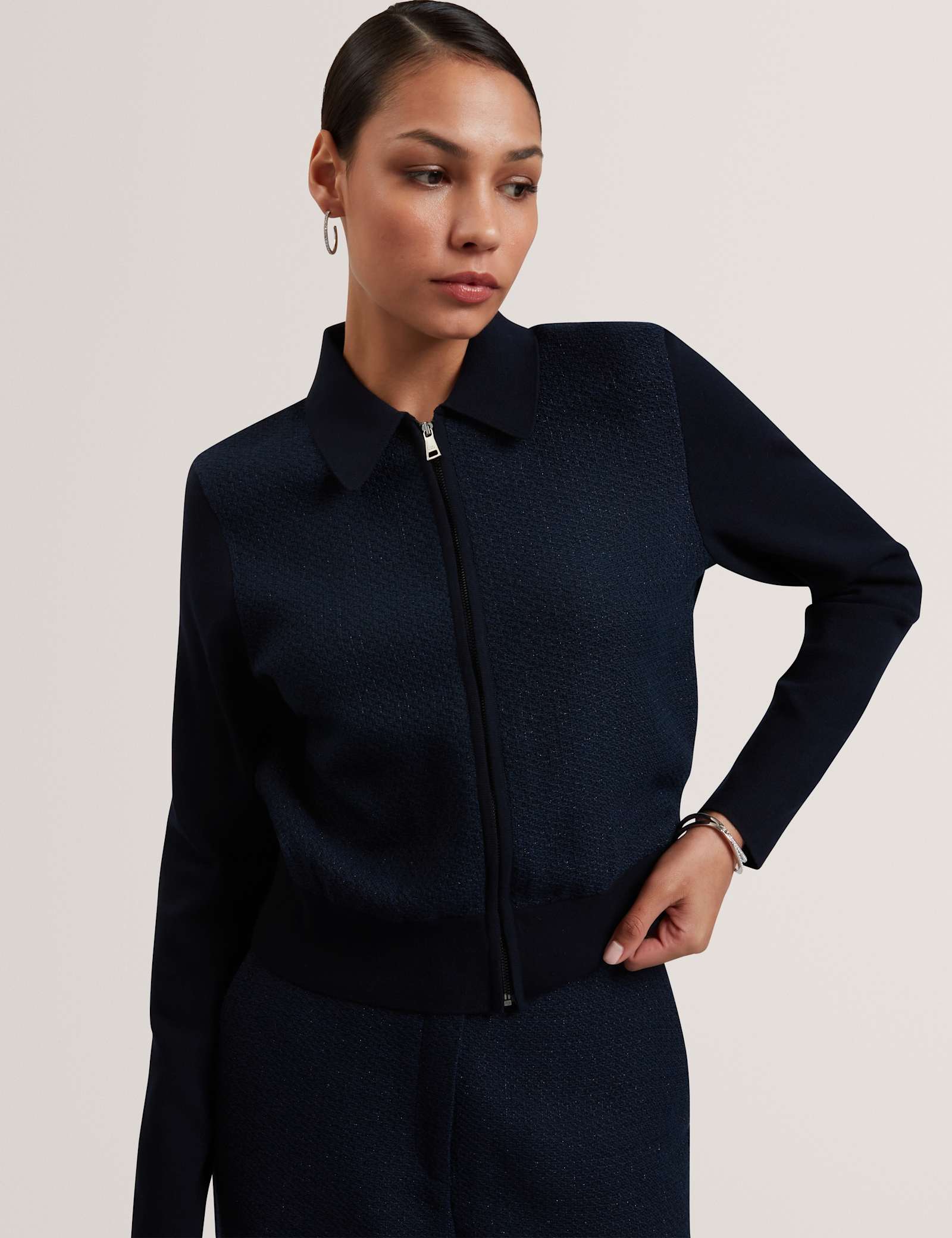 Metallic Collared Zip Up Cardigan - image 2