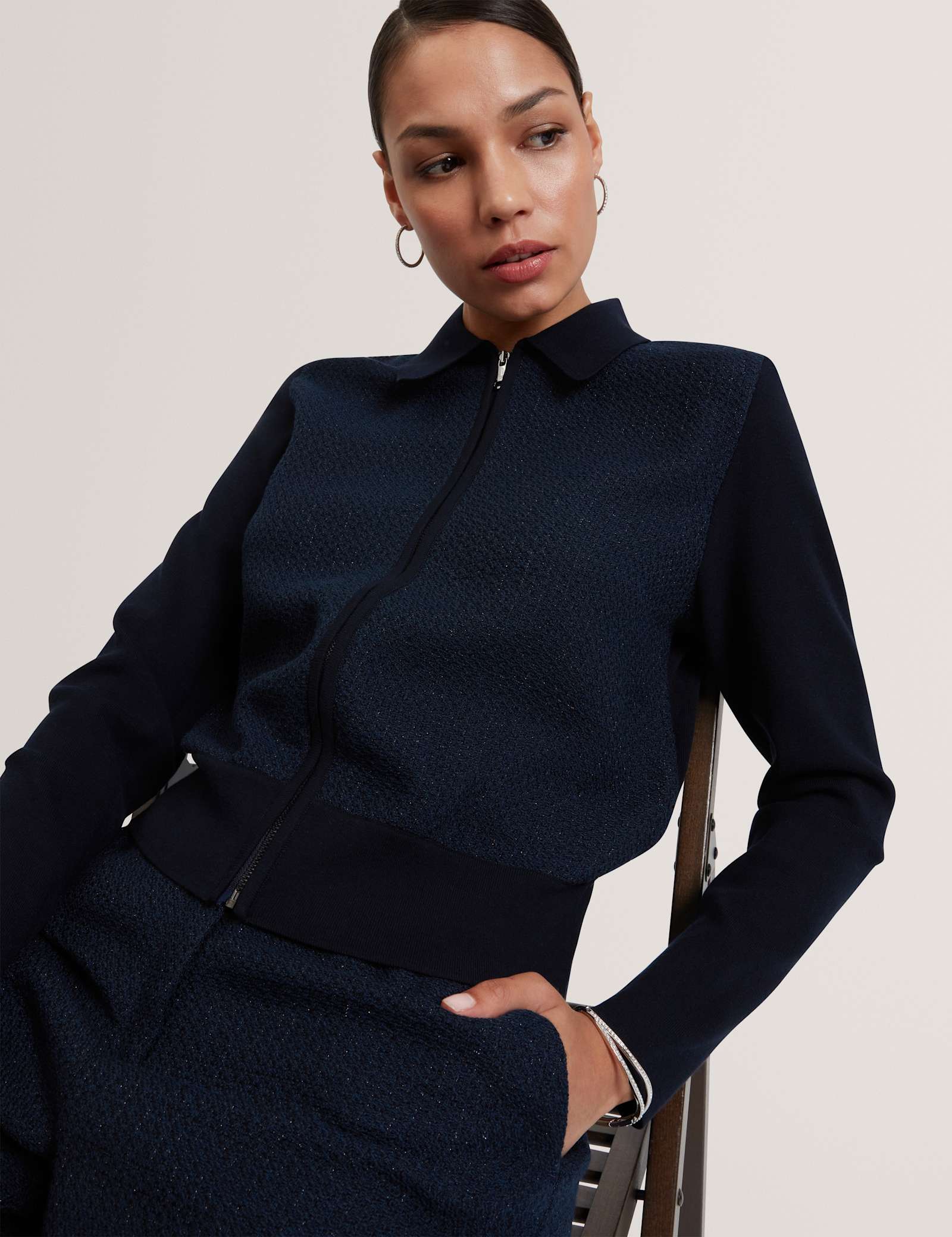 Metallic Collared Zip Up Cardigan - image 5