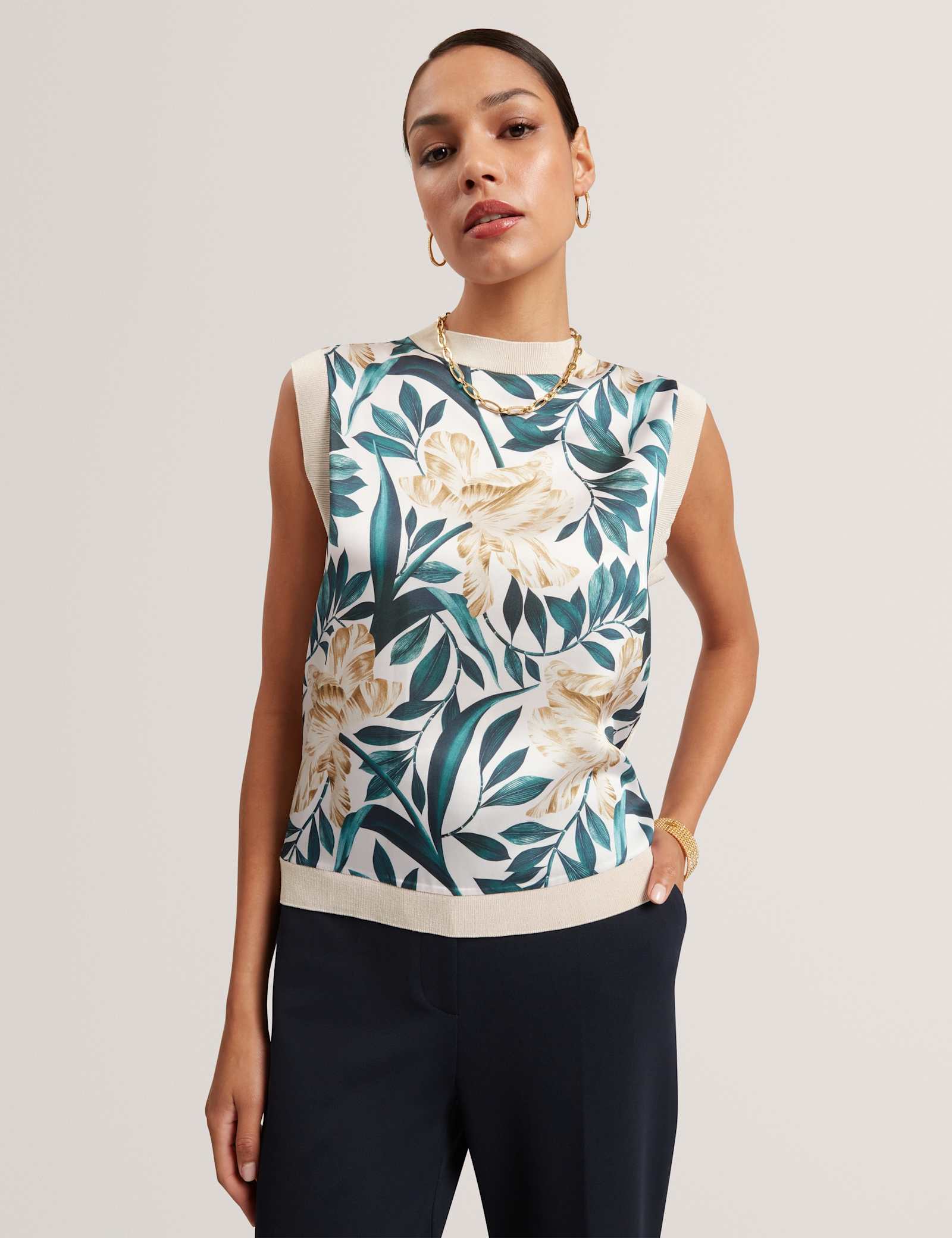 Floral Crew Neck Woven Front Vest Top - image 2