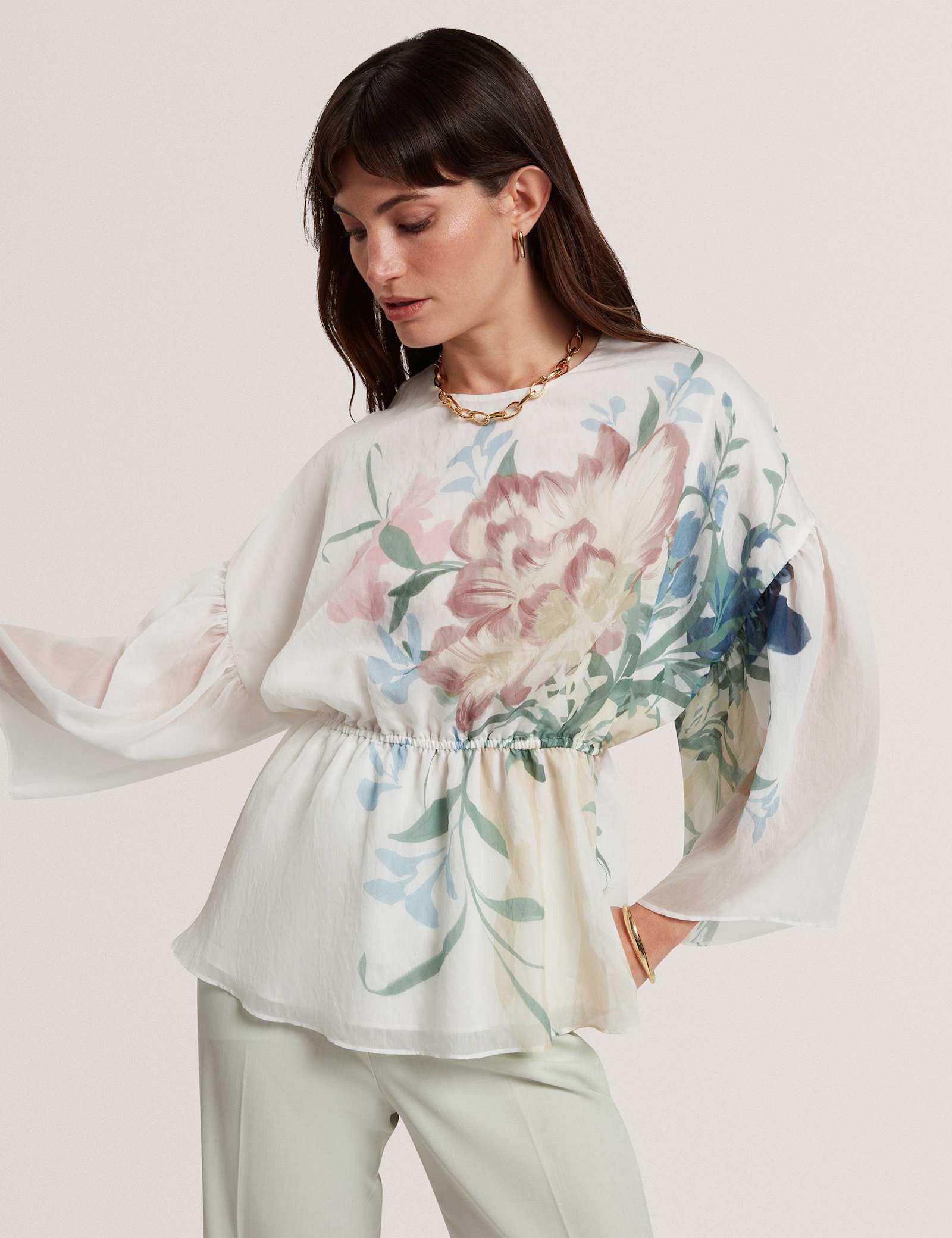 Lyocell Rich Floral Puff Sleeve Peplum Top - image 2