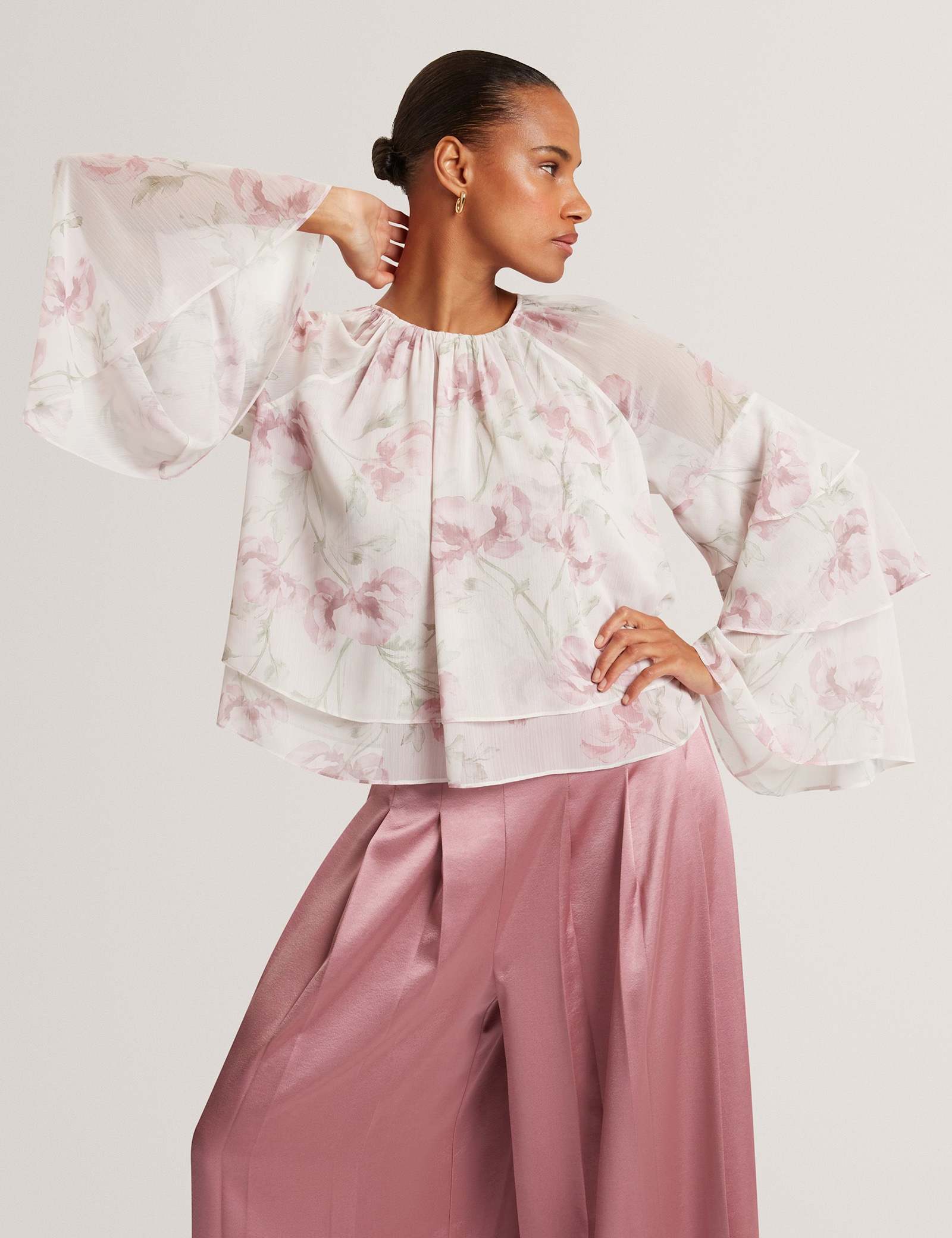 Floral Gathered Tiered Sleeve Blouse - image 2