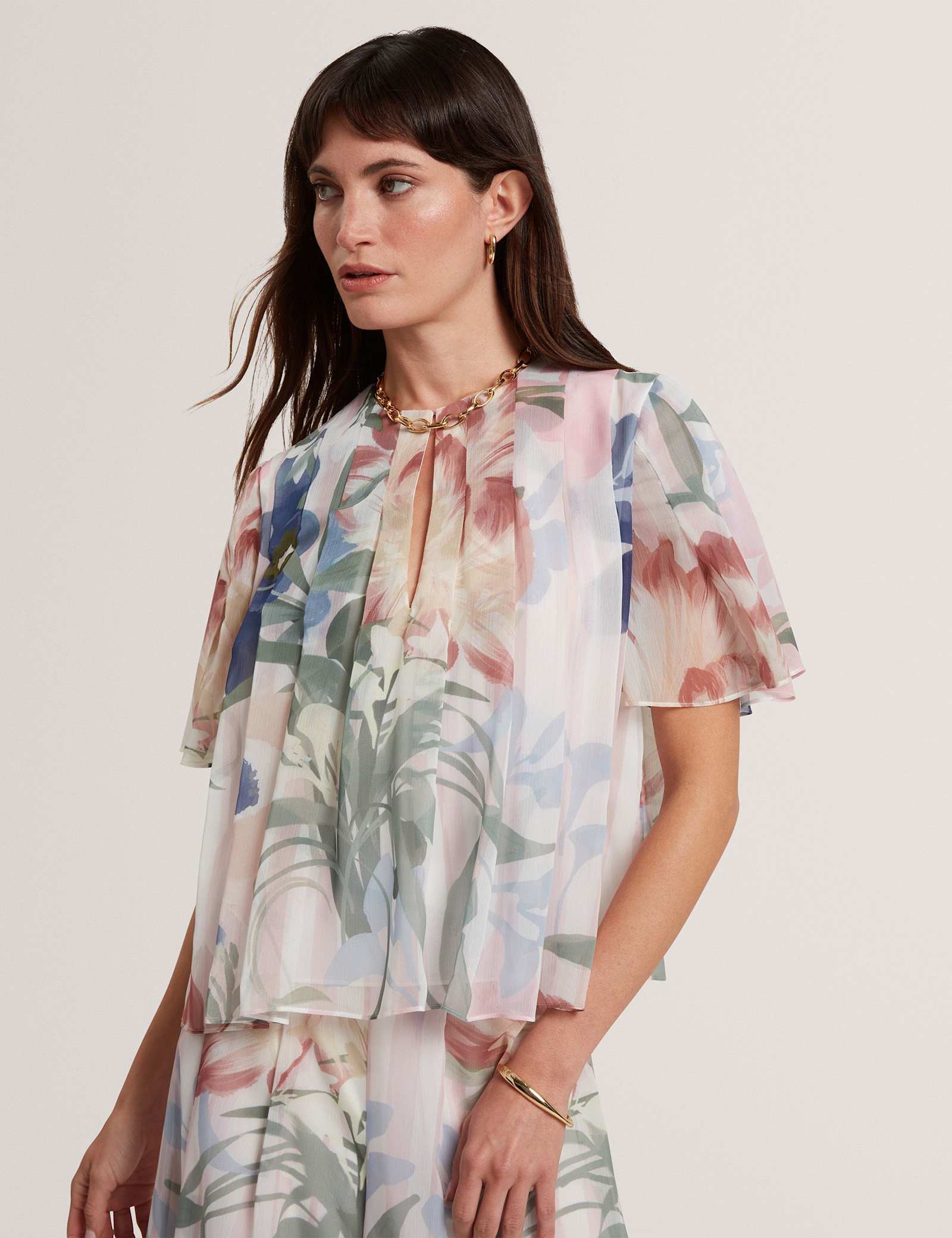 Botanical Print Pleated Angel Sleeve Top - image 2