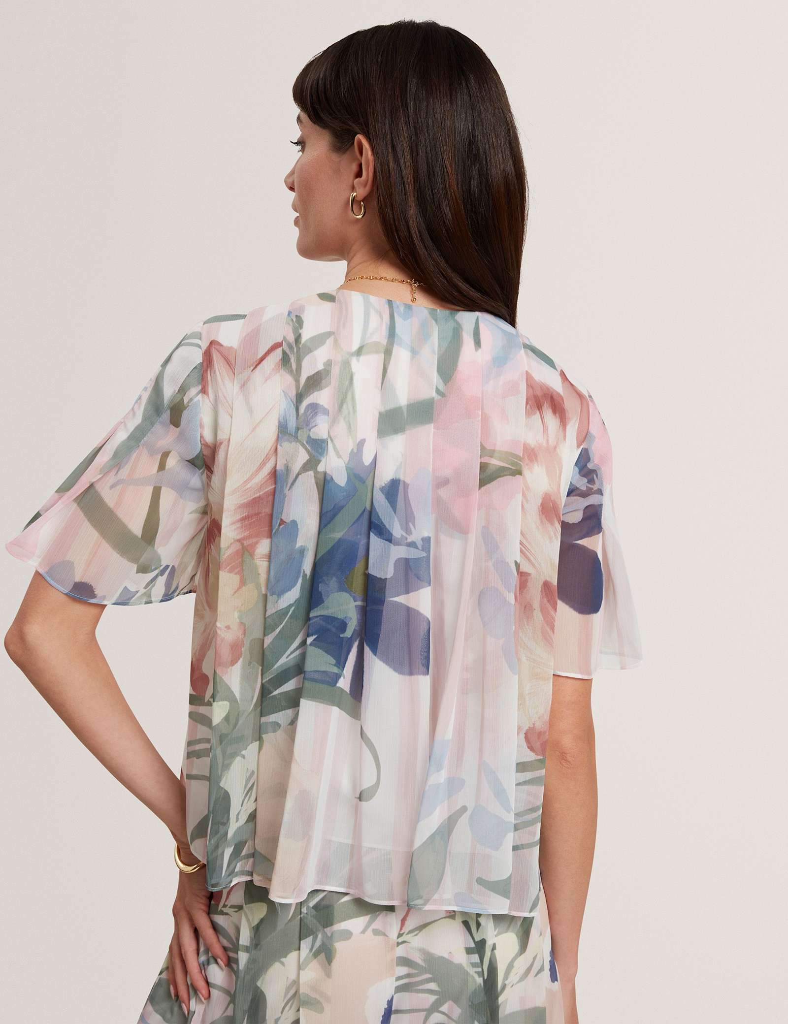 Botanical Print Pleated Angel Sleeve Top - image 5