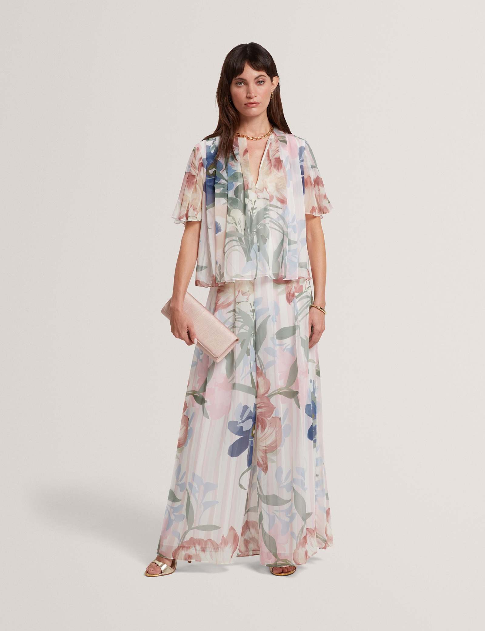 Botanical Print Pleated Angel Sleeve Top - image 3