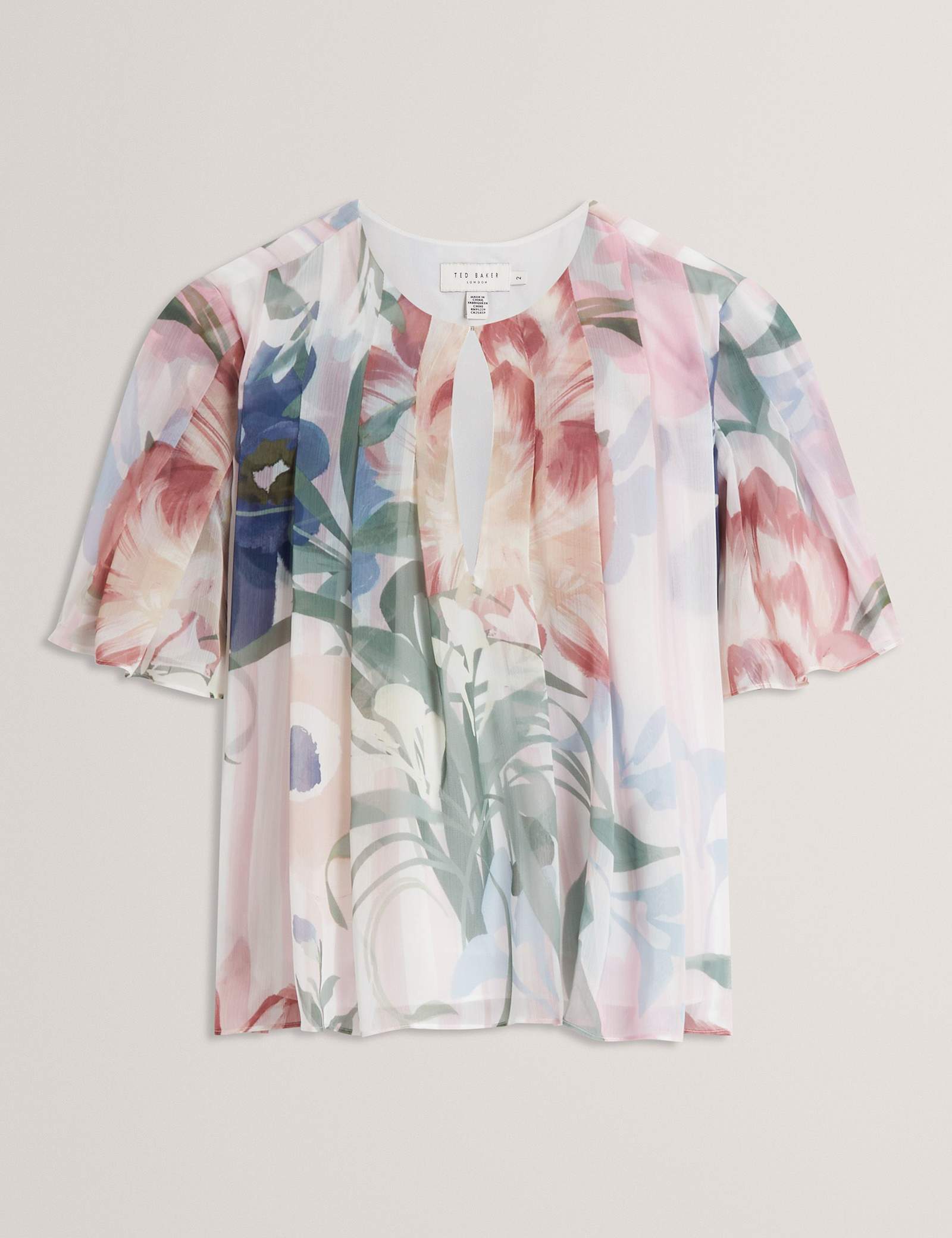 Botanical Print Pleated Angel Sleeve Top - image 1