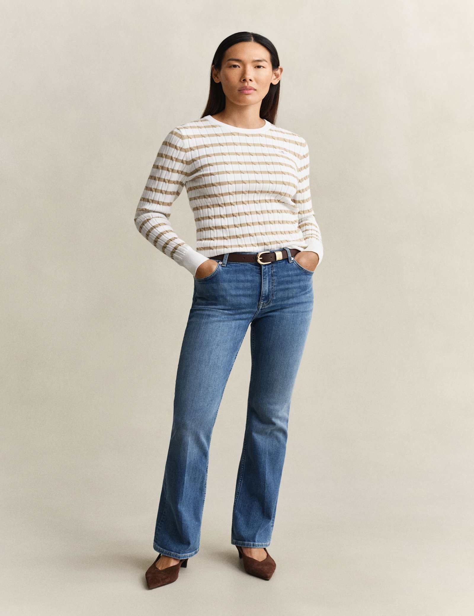 Cotton Rich Cable Striped Crew Neck Jumper - image 5