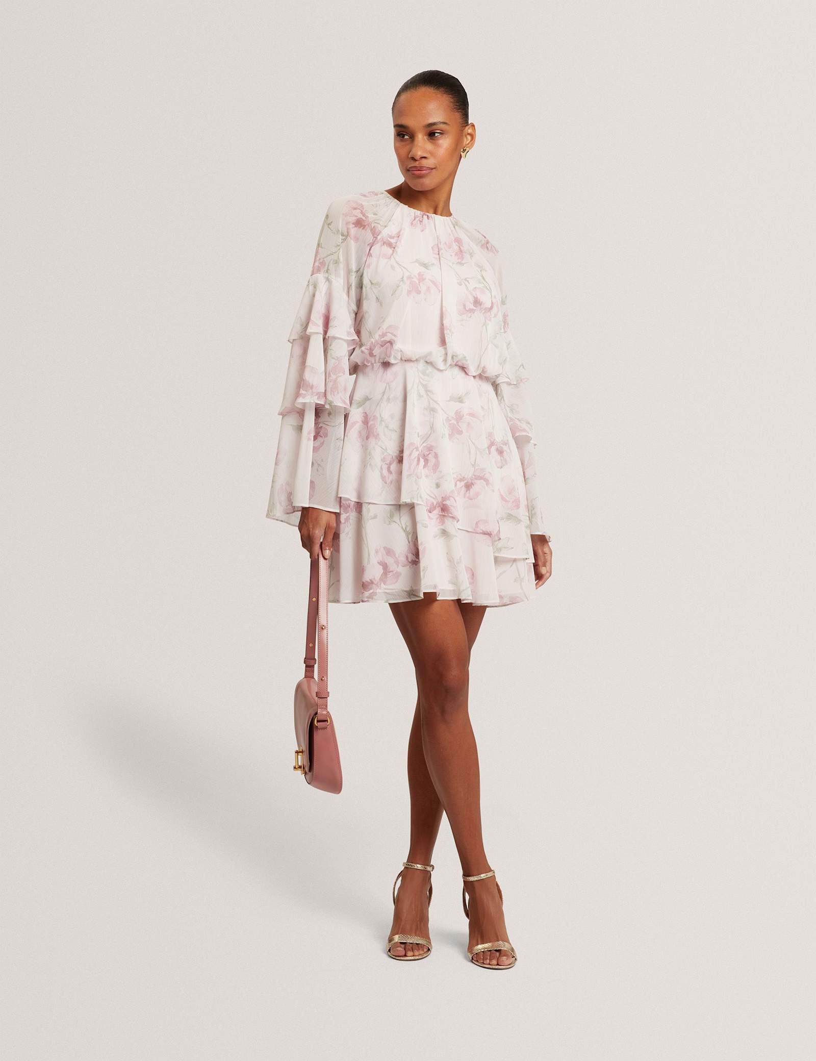 Floral High Neck Tiered Sleeve Mini Dress - image 2