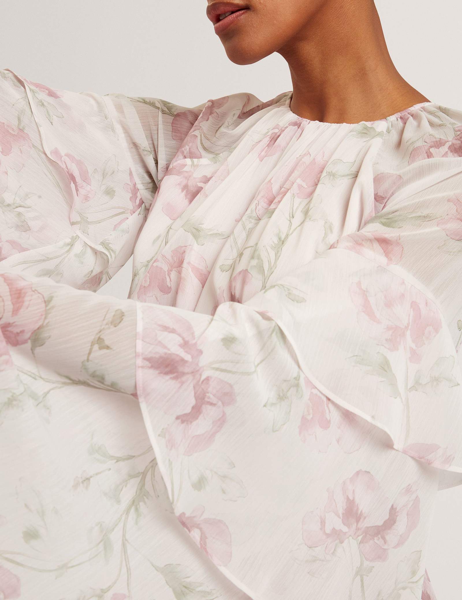 Floral High Neck Tiered Sleeve Mini Dress - image 5