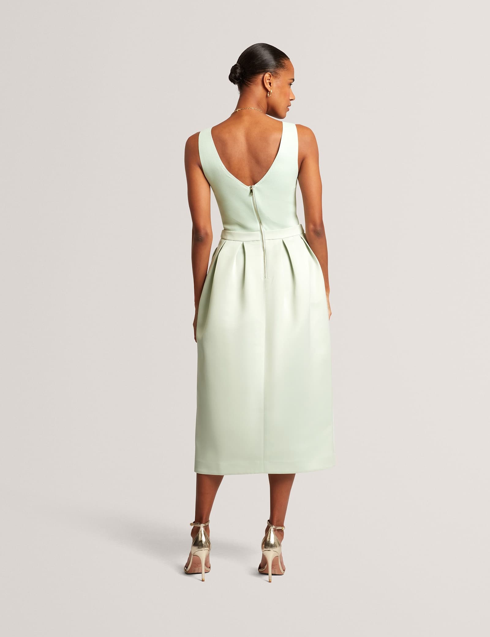V-Neck Pleated Skirt Midi Dress - image 3