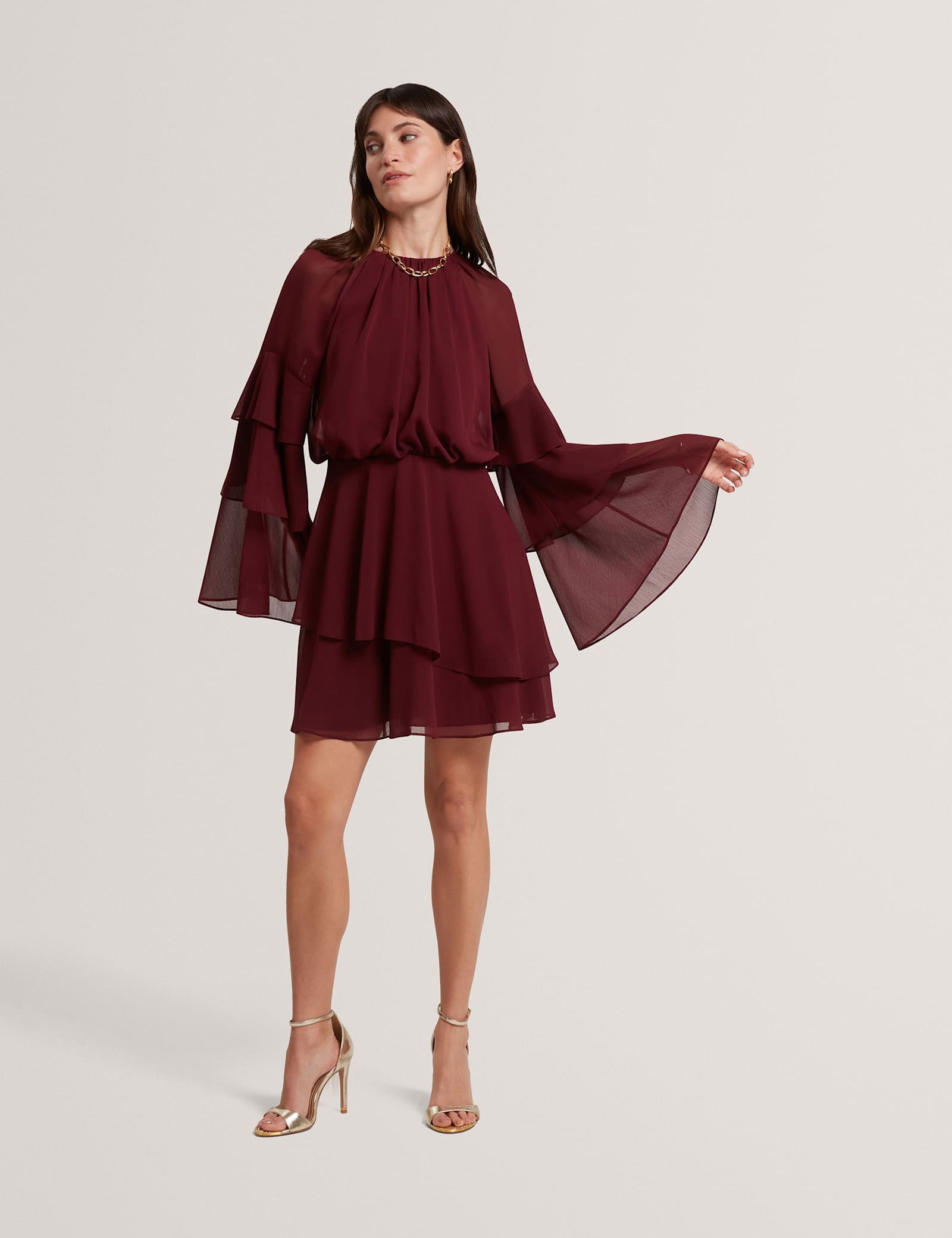 High Neck Gathered Mini Tiered Dress - image 2