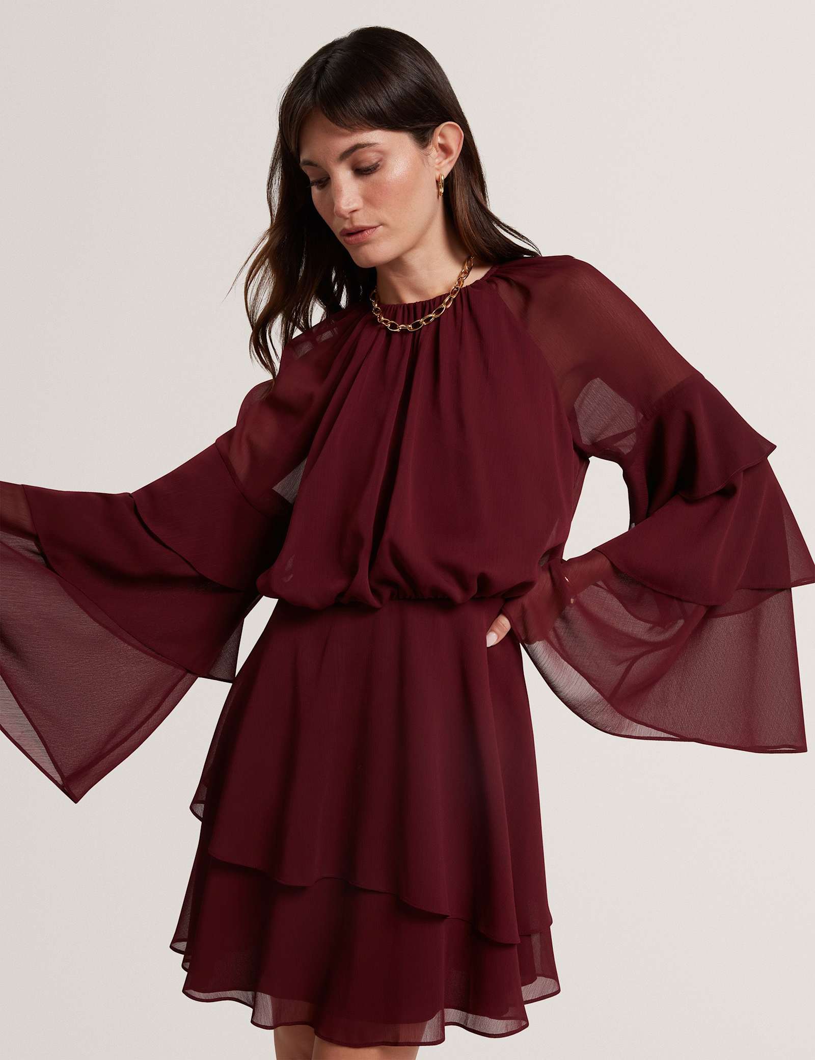 High Neck Gathered Mini Tiered Dress - image 3