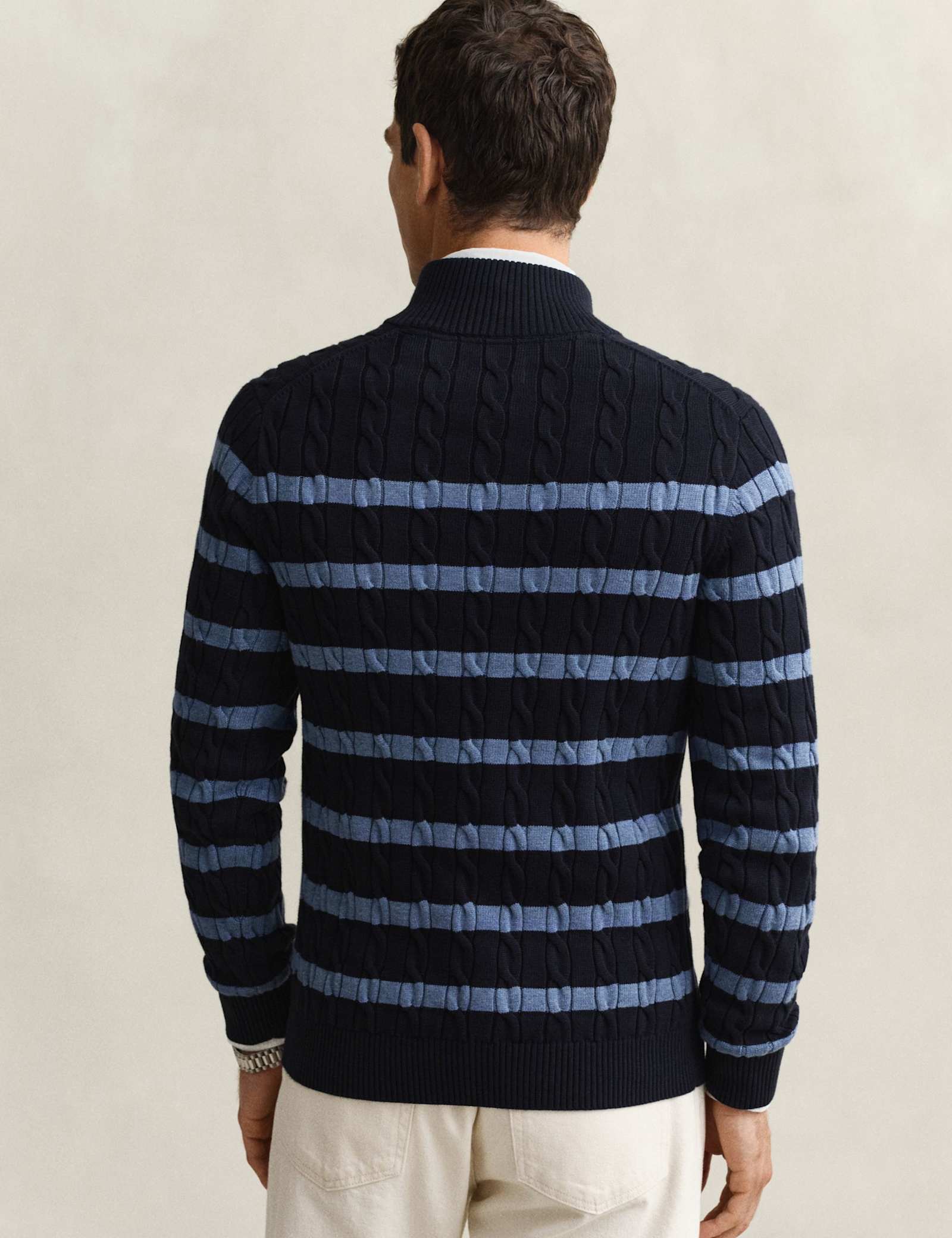 Pure Cotton Striped Half Zip Cable Jumper - image 5