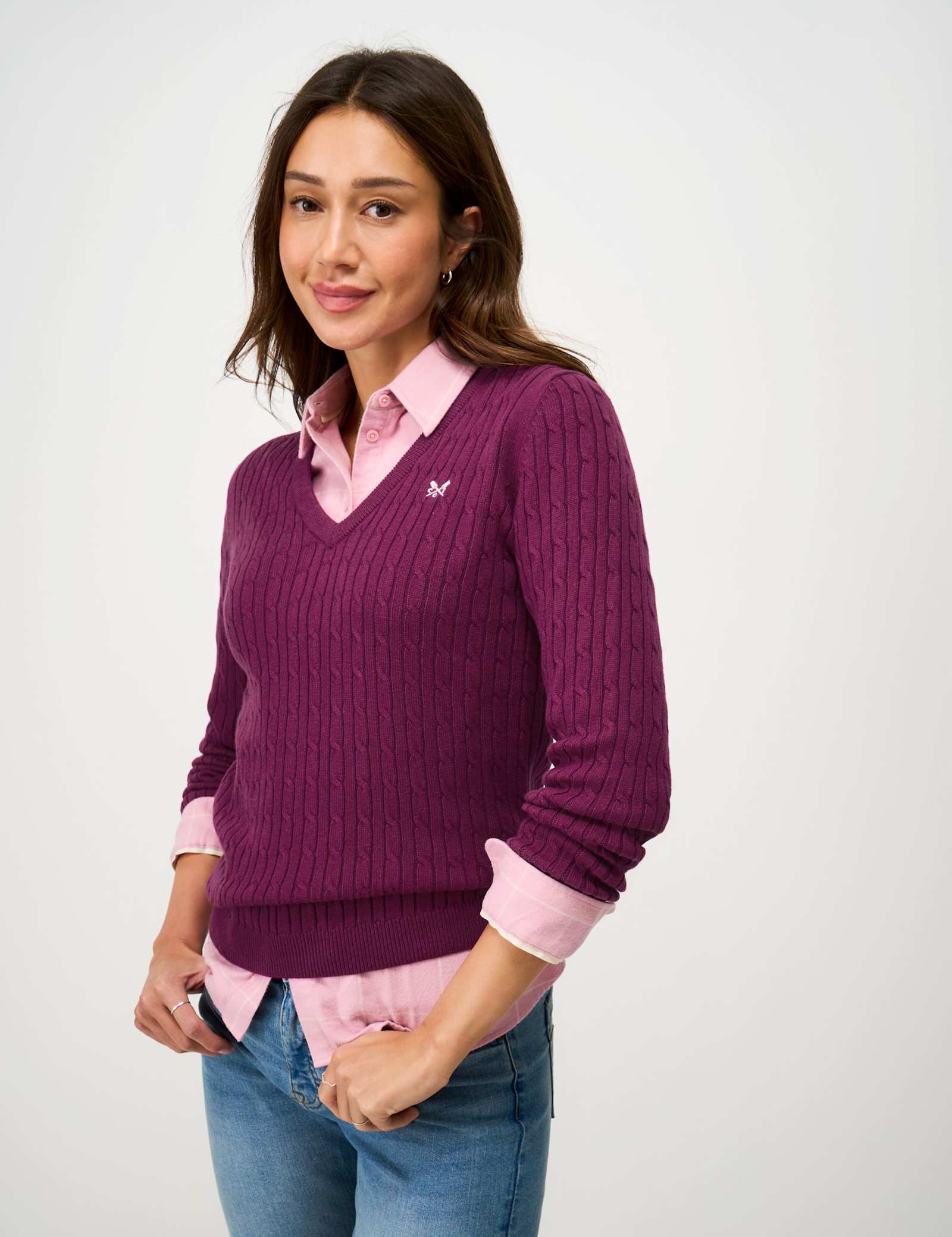 Cotton Rich Cable Knit V-Neck Jumper - image 3