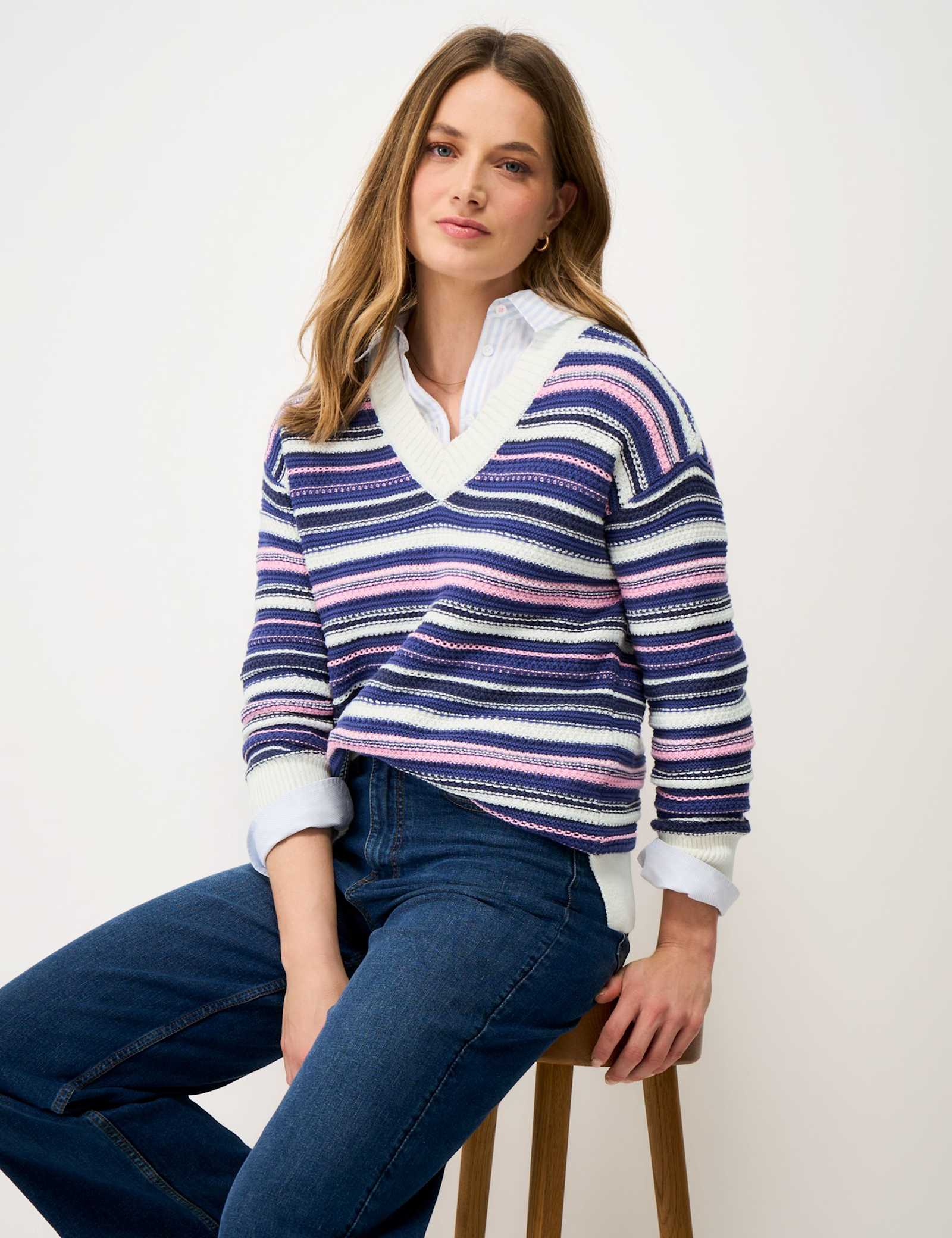 Pure Cotton Textured Striped V-Neck Jumper - image 5