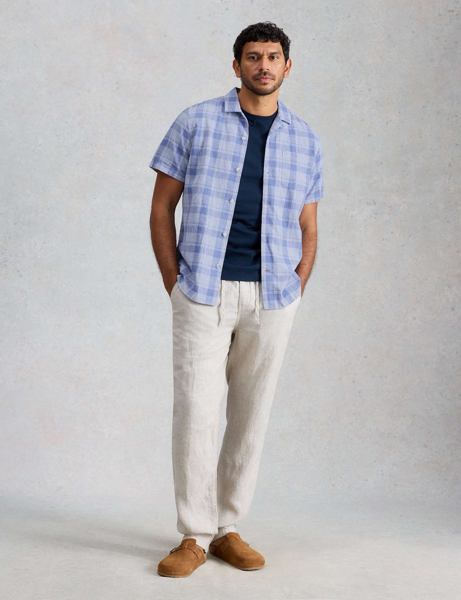 Linen Cotton Blend Check Short Sleeve Shirt - image 4
