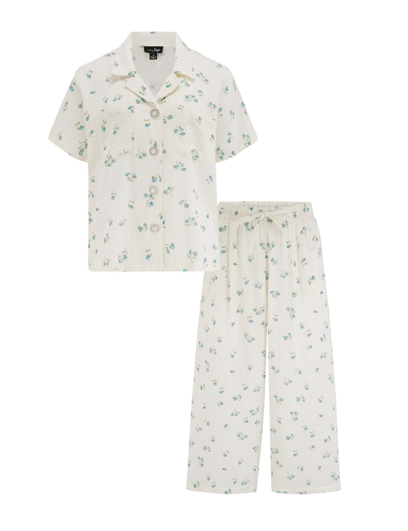 Woven Double Cloth Revere Collar Shirt & Cropped Trouser Pyjama Set - image 1