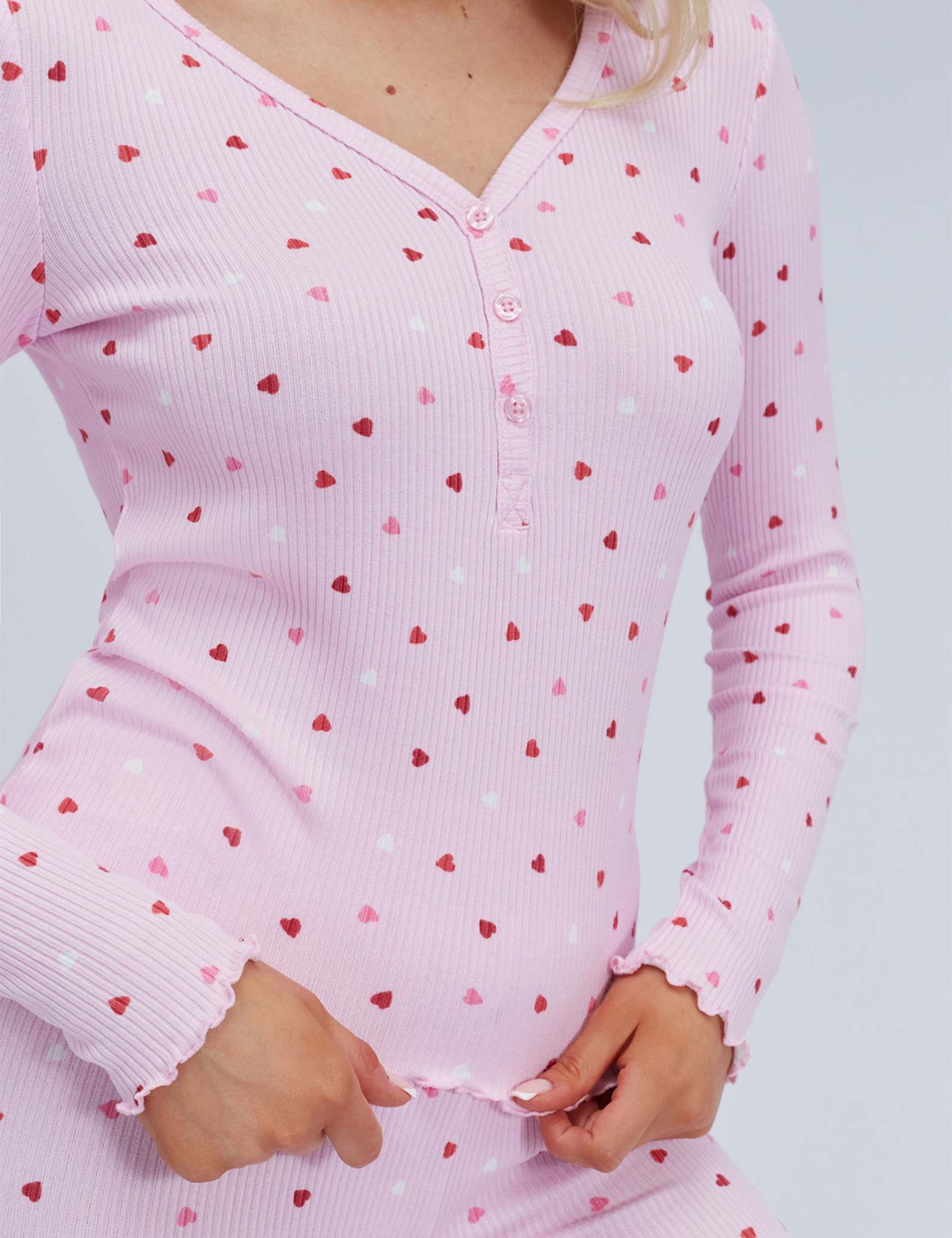 Valentines Ribbed Heart Print Henley Pyjama Set - image 3