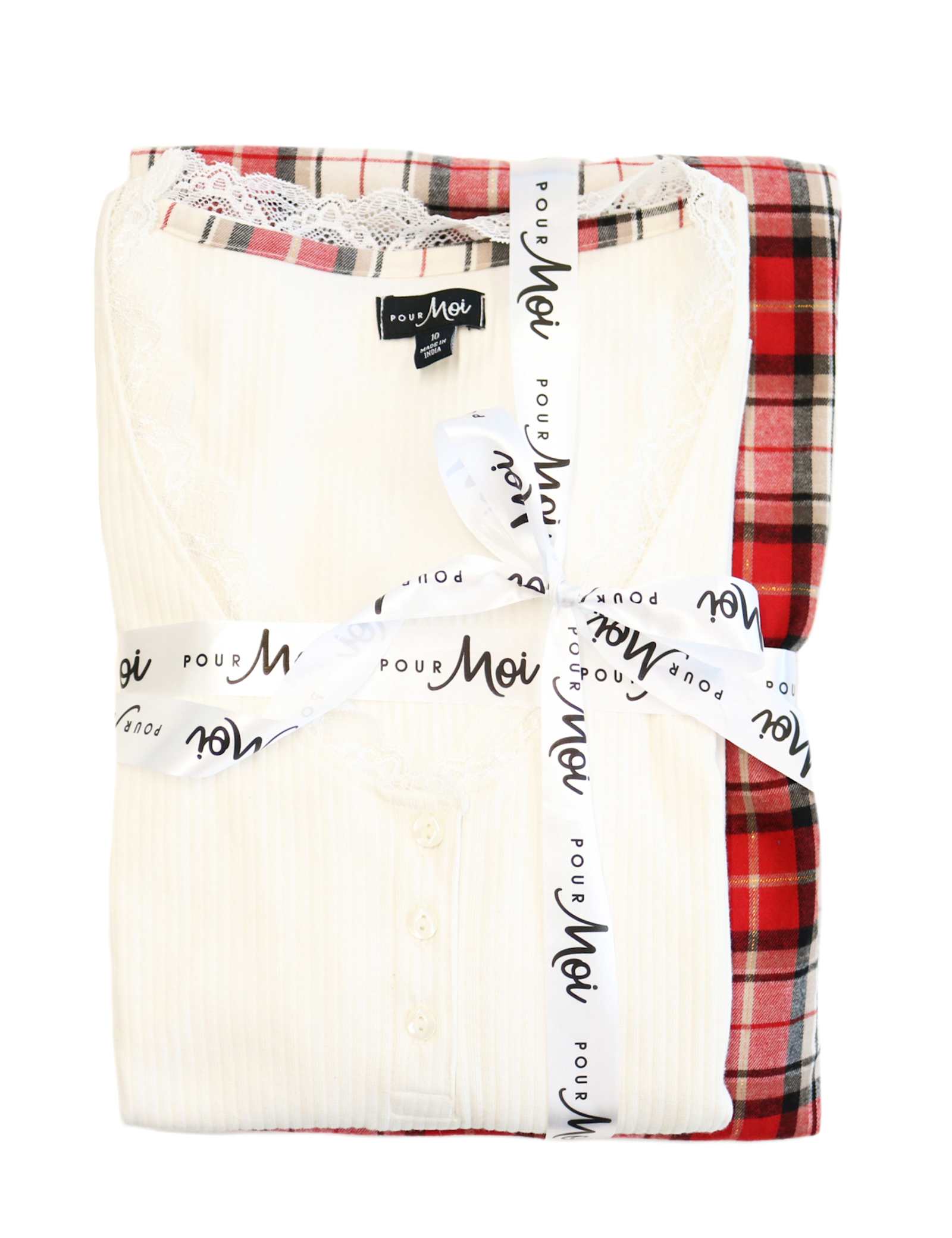 Ribbed Lace Trim Checked Pyjama Set - image 1