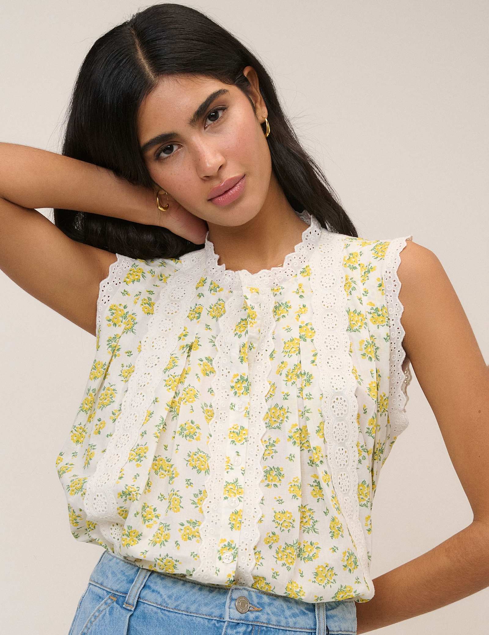 Pure Cotton Crew Neck Lace Detail Blouse - image 3
