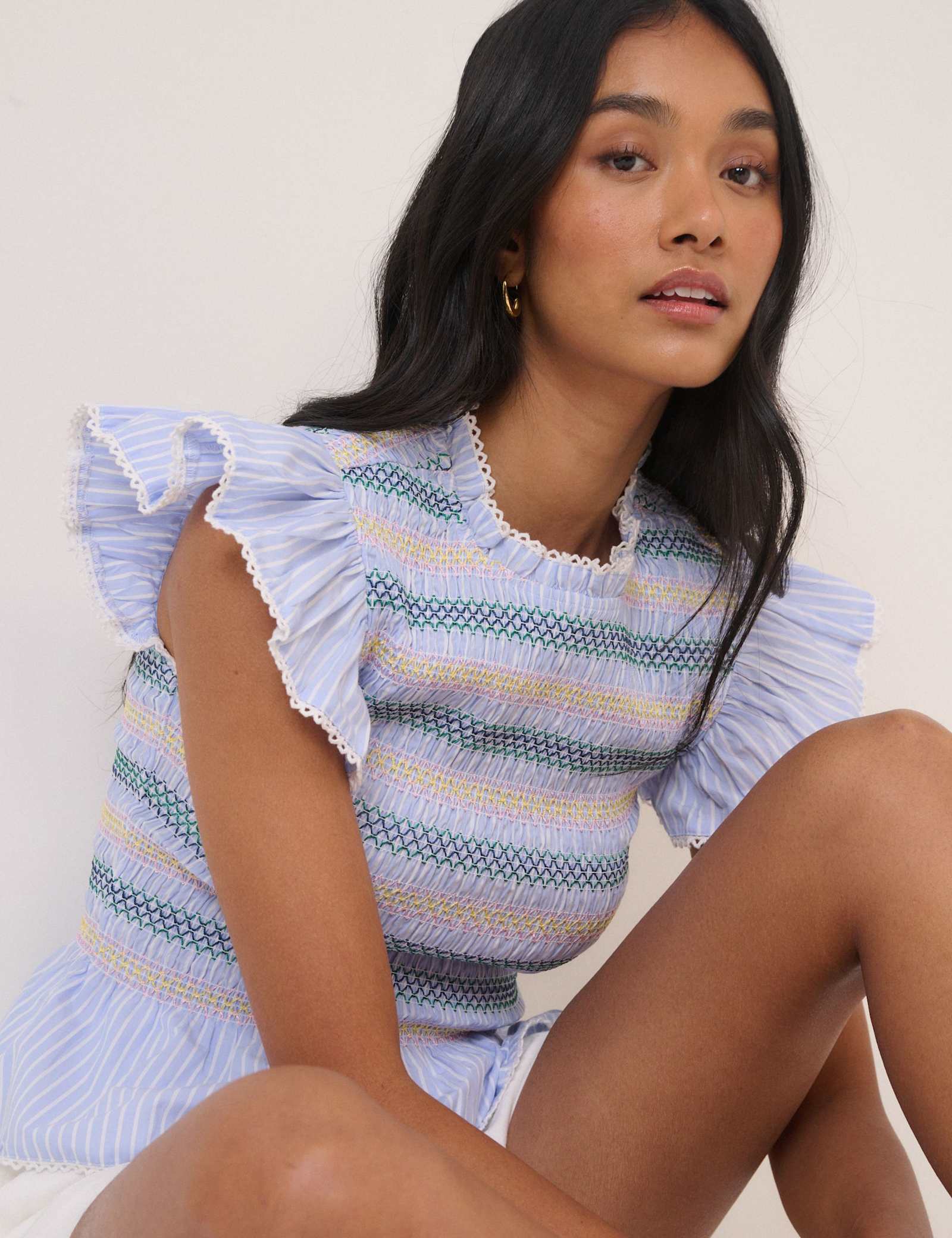 Pure Cotton Striped Shirred Peplum Top - image 4
