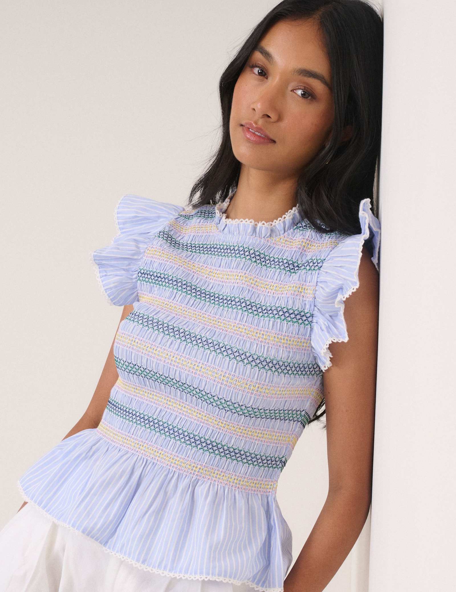 Pure Cotton Striped Shirred Peplum Top - image 5