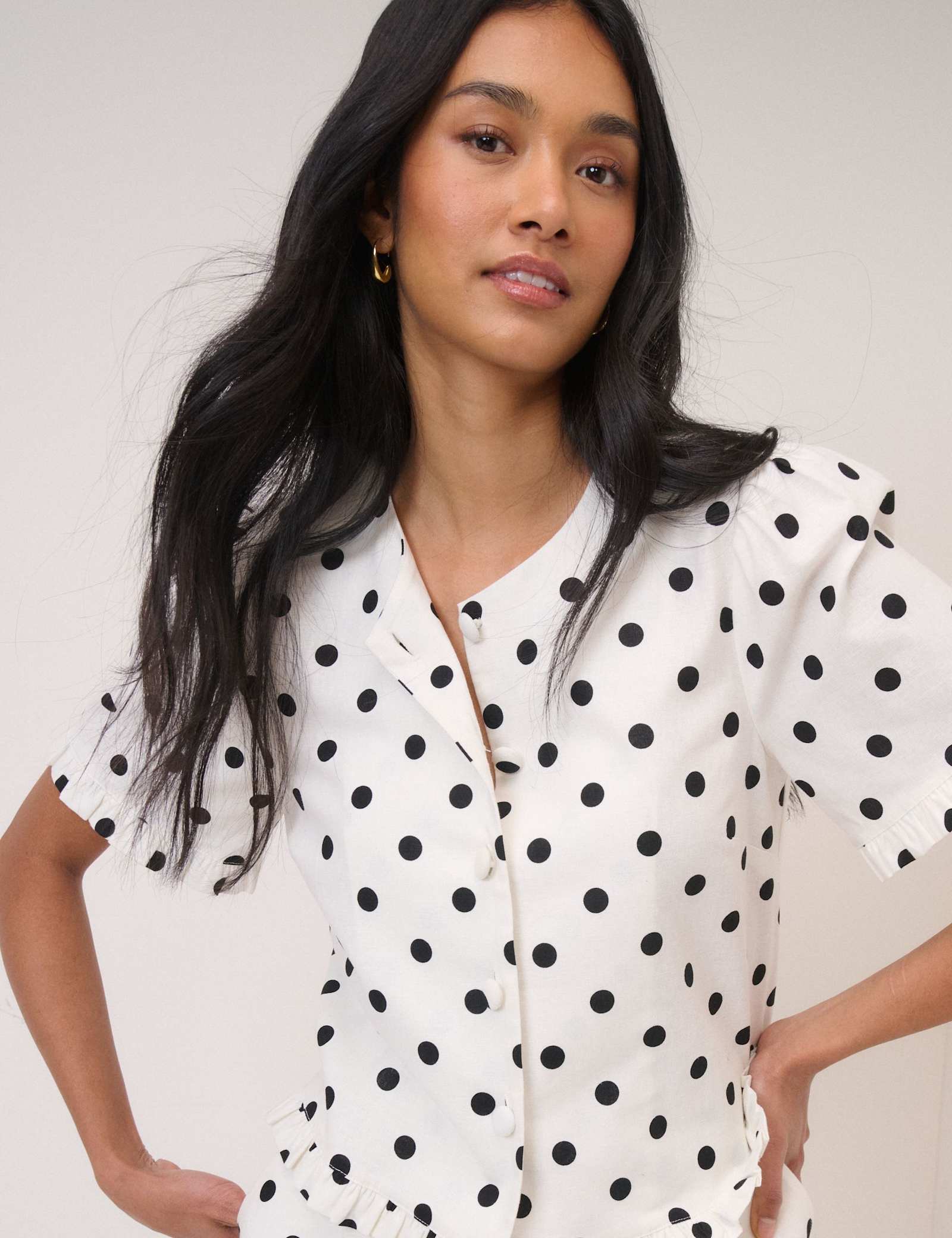 Linen Rich Polka Dot Frill Detail Top - image 3